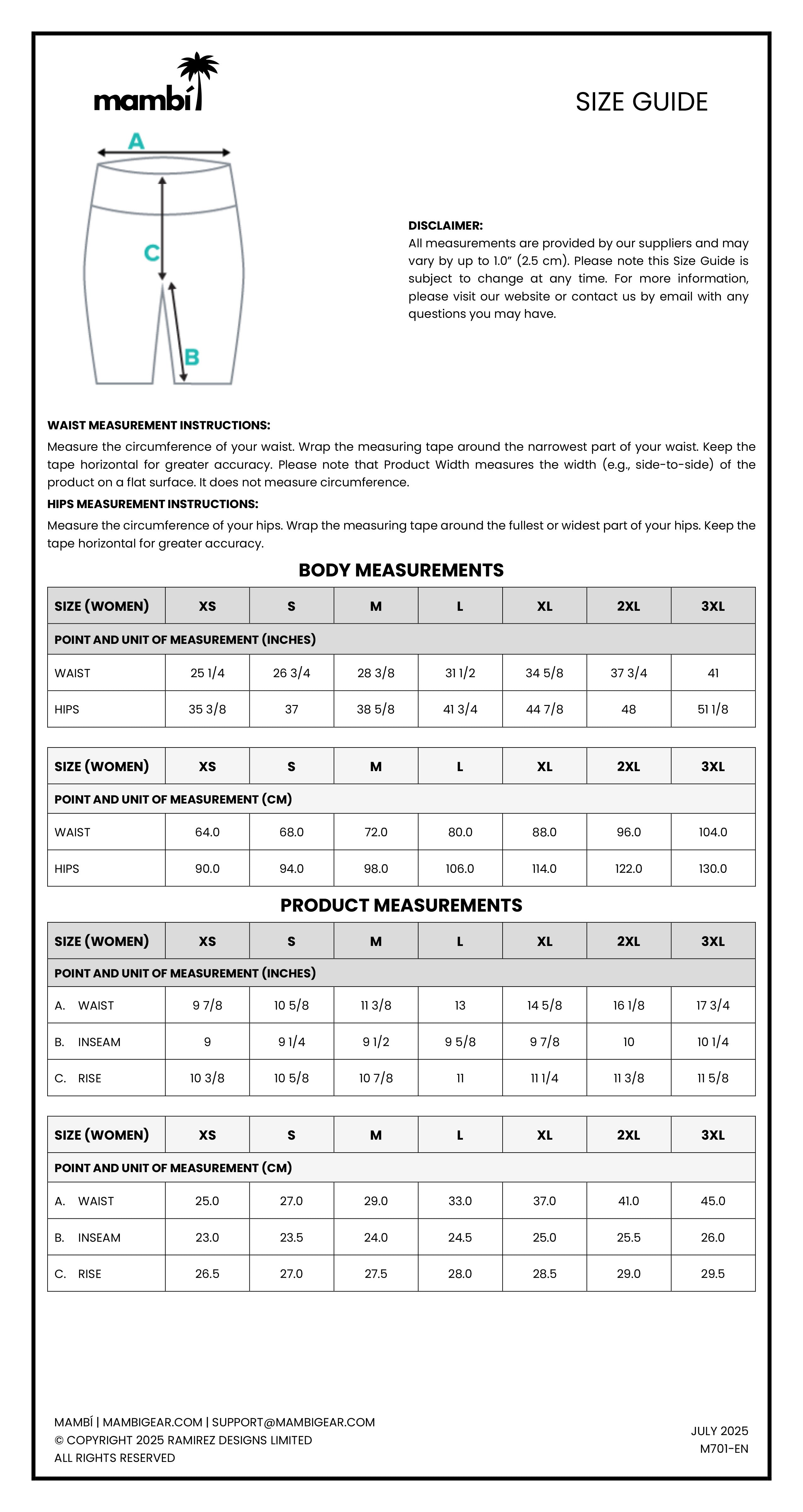 Size guide chart for Mambi apparel shows womens body and product measurements for XS to 3XL, including bust, waist, hip, length, inseam, rise, and sleeve, with instruction diagrams and company contact info at the bottom.