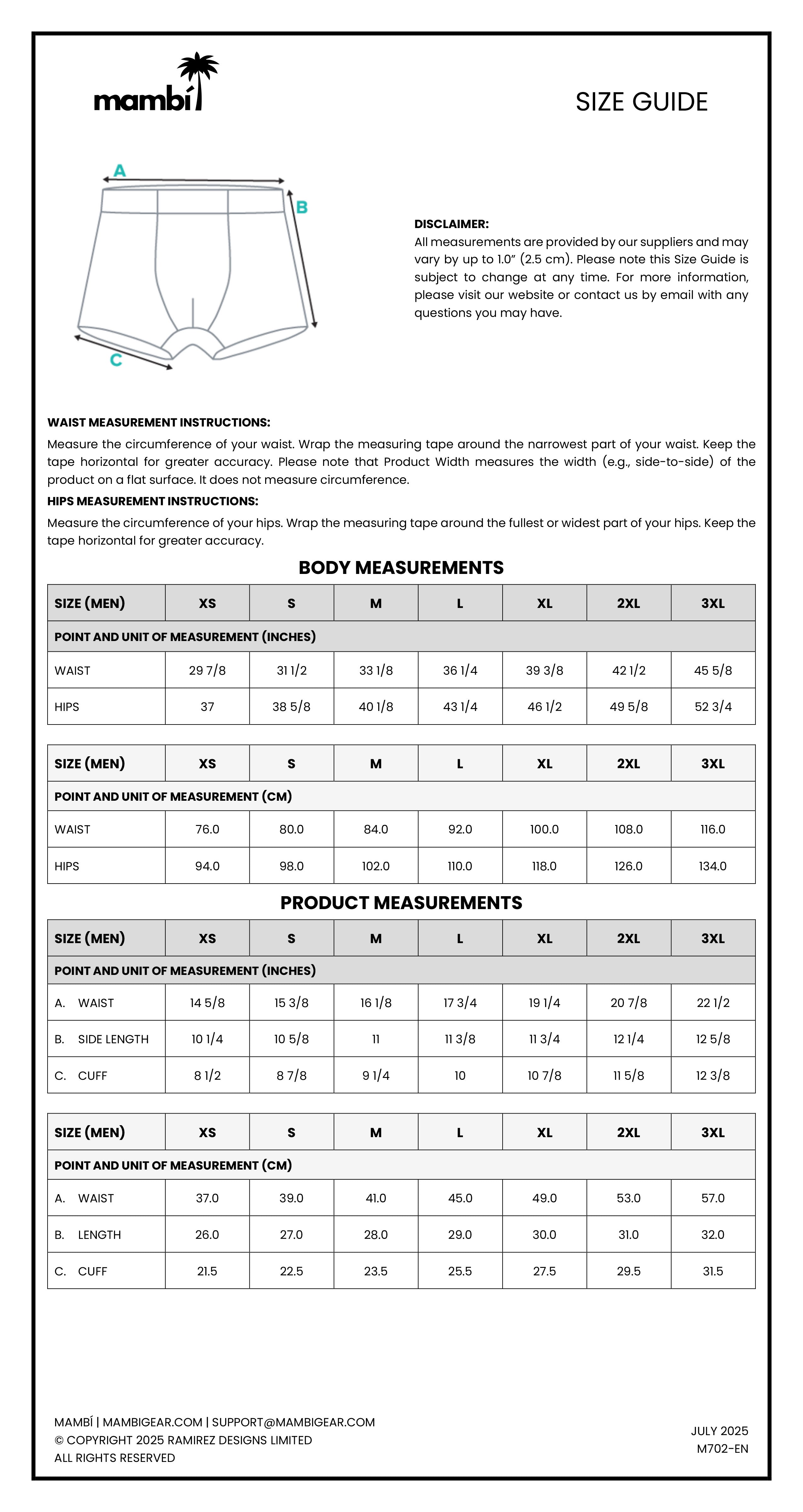 A size guide for Mambi underwear showing a diagram of trunks, measurement instructions, body and product measurements tables for sizes XS to 3XL, and contact information at the bottom.