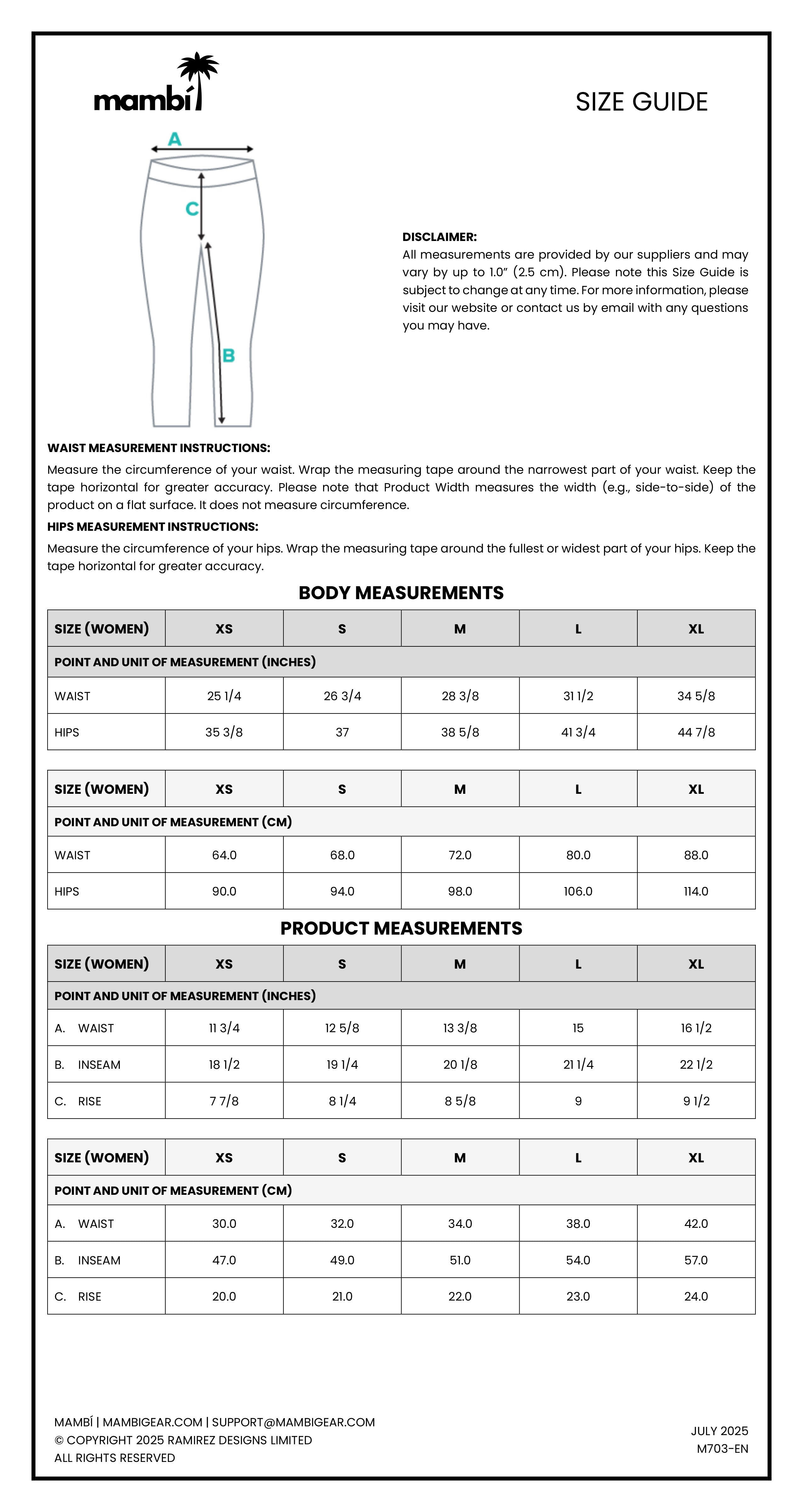 Size guide chart for womens pants with an illustration showing how to measure the waist and hips. Includes body and product measurements for sizes XS to XL in inches and centimeters. Brand: mambi.