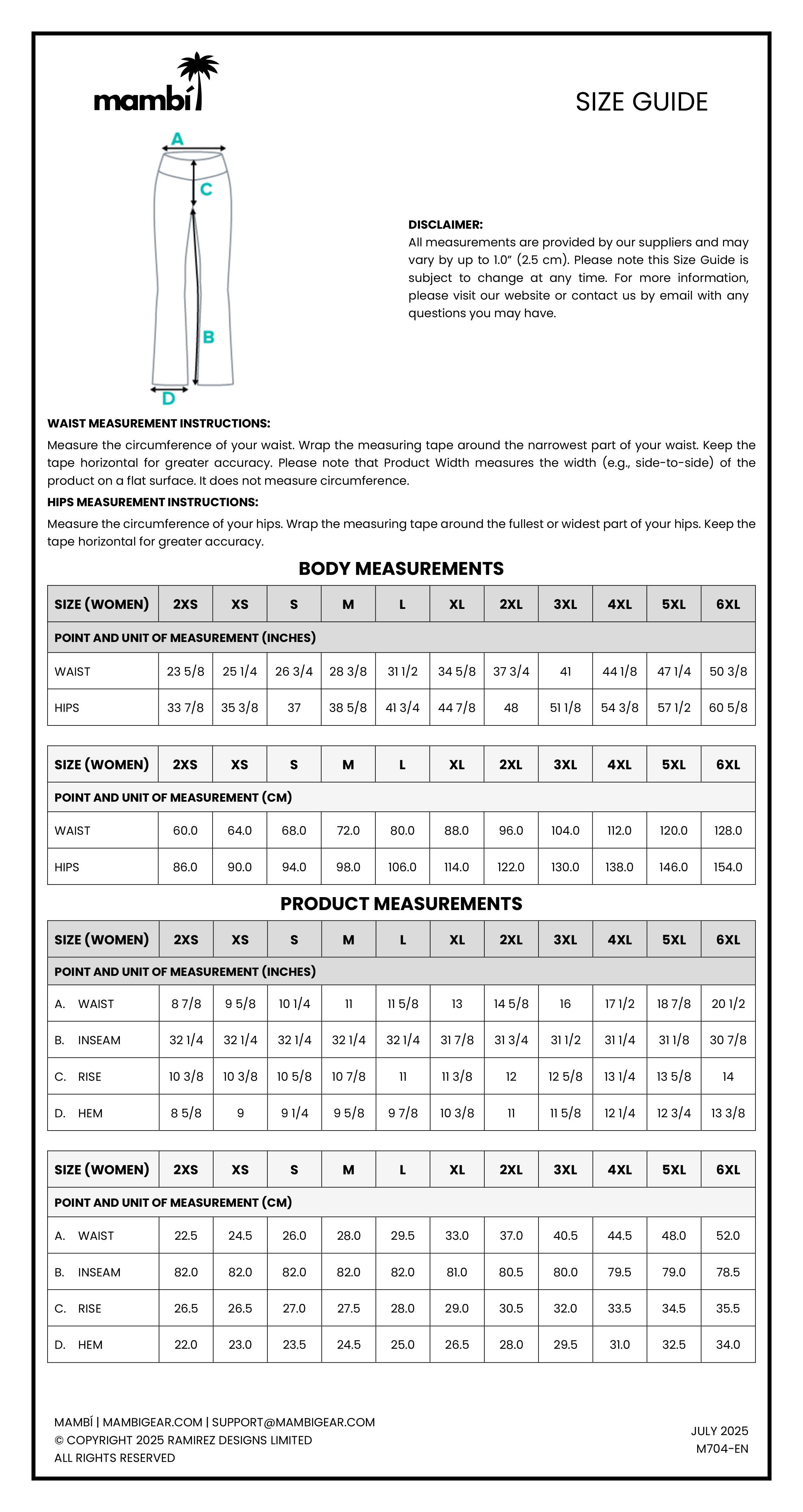 Mambi womens size guide chart showing how to measure waist, hip, and inside leg, with tables for body and product measurements in centimeters and inches for sizes XXS to 6XL.