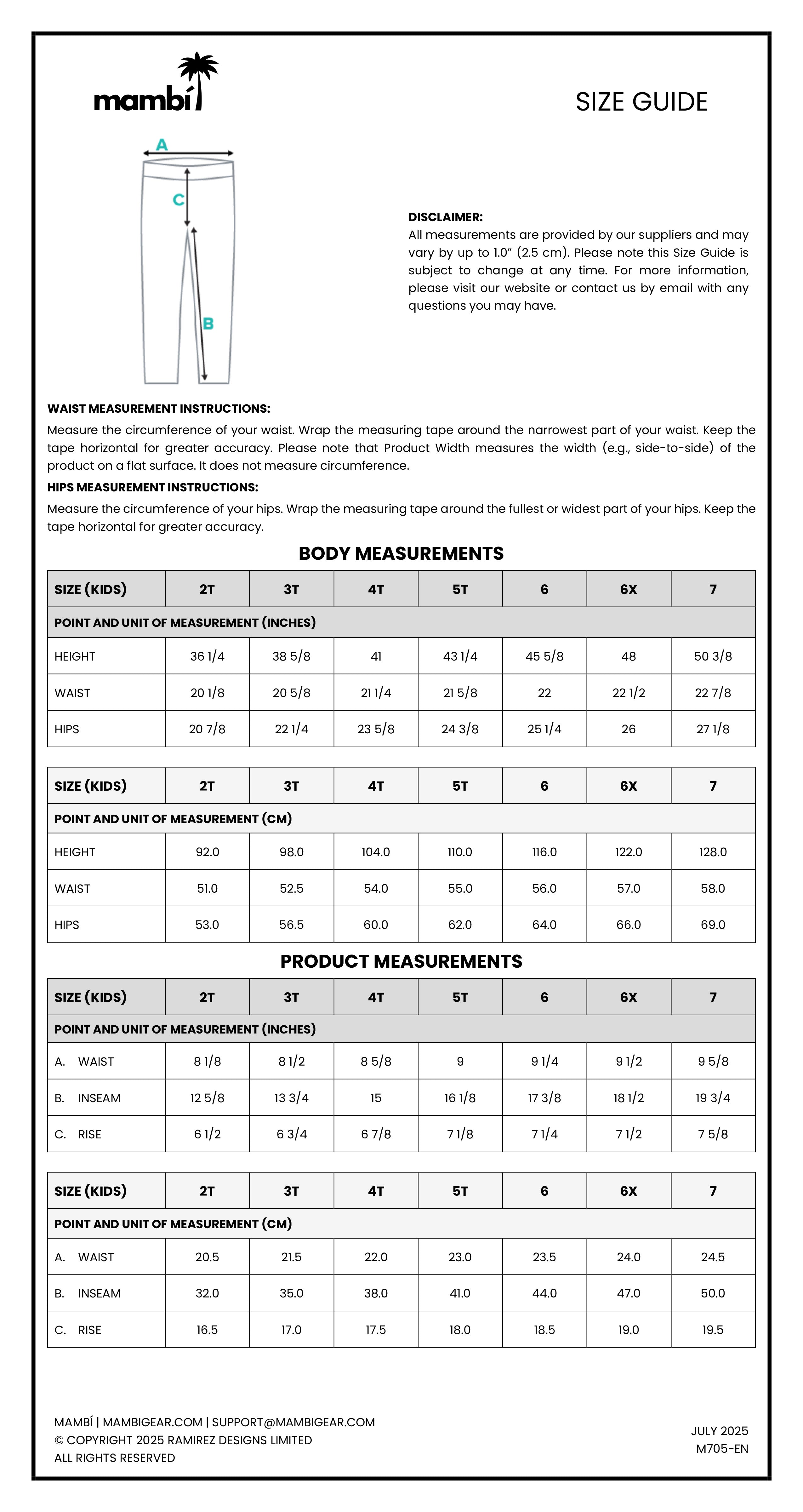Mambi size guide chart for kids pants showing measurement instructions, disclaimers, body measurements by age (2T to 14), and product measurements, with a line drawing illustrating how to measure waist and hip.