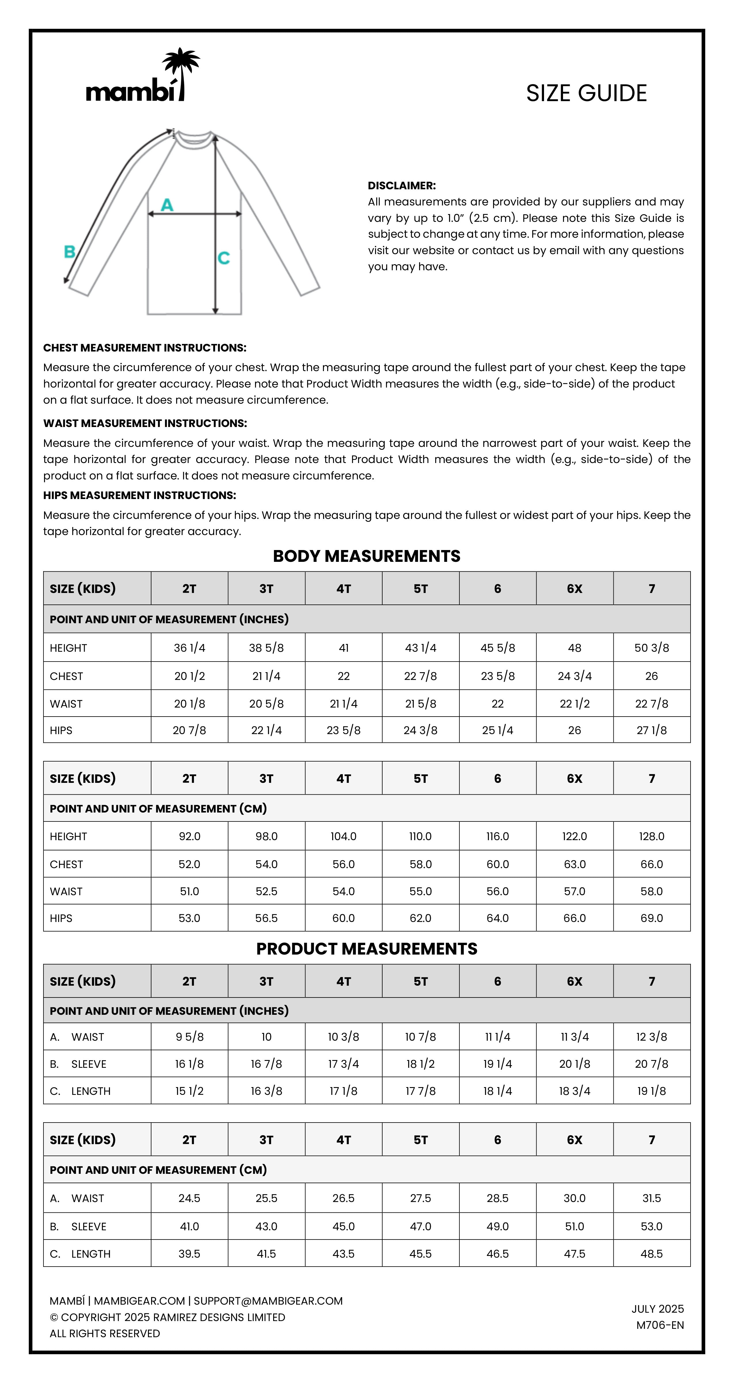 Mambi size guide chart with measurement instructions and diagrams for chest, waist, and hips, plus detailed tables for body and product measurements in inches and centimeters for sizes XS to XXL.