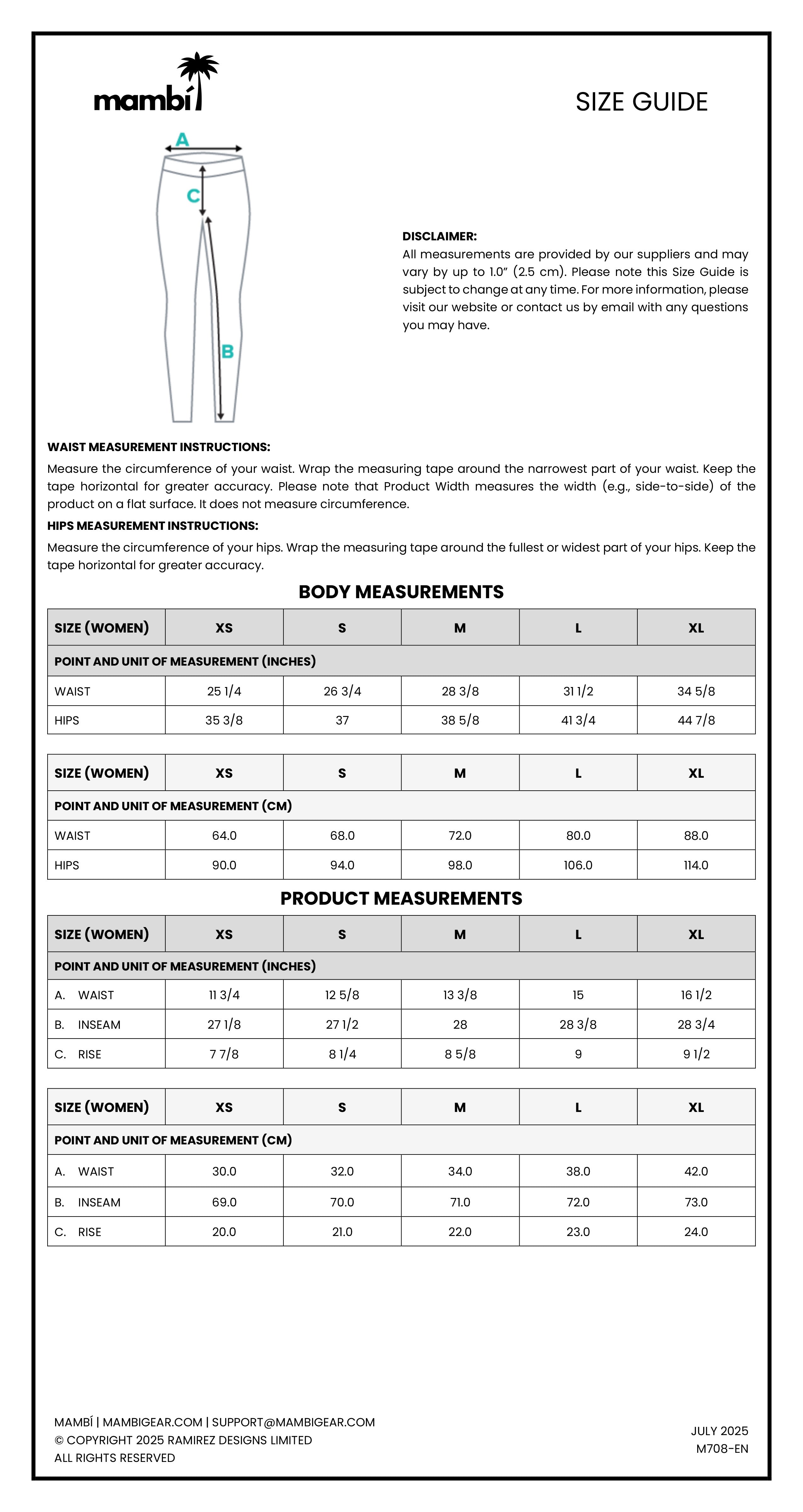 Mambi size guide chart with illustrated measurement points on a pants outline and tables detailing waist, hip, and inseam body measurements and product measurements for sizes S to XL.