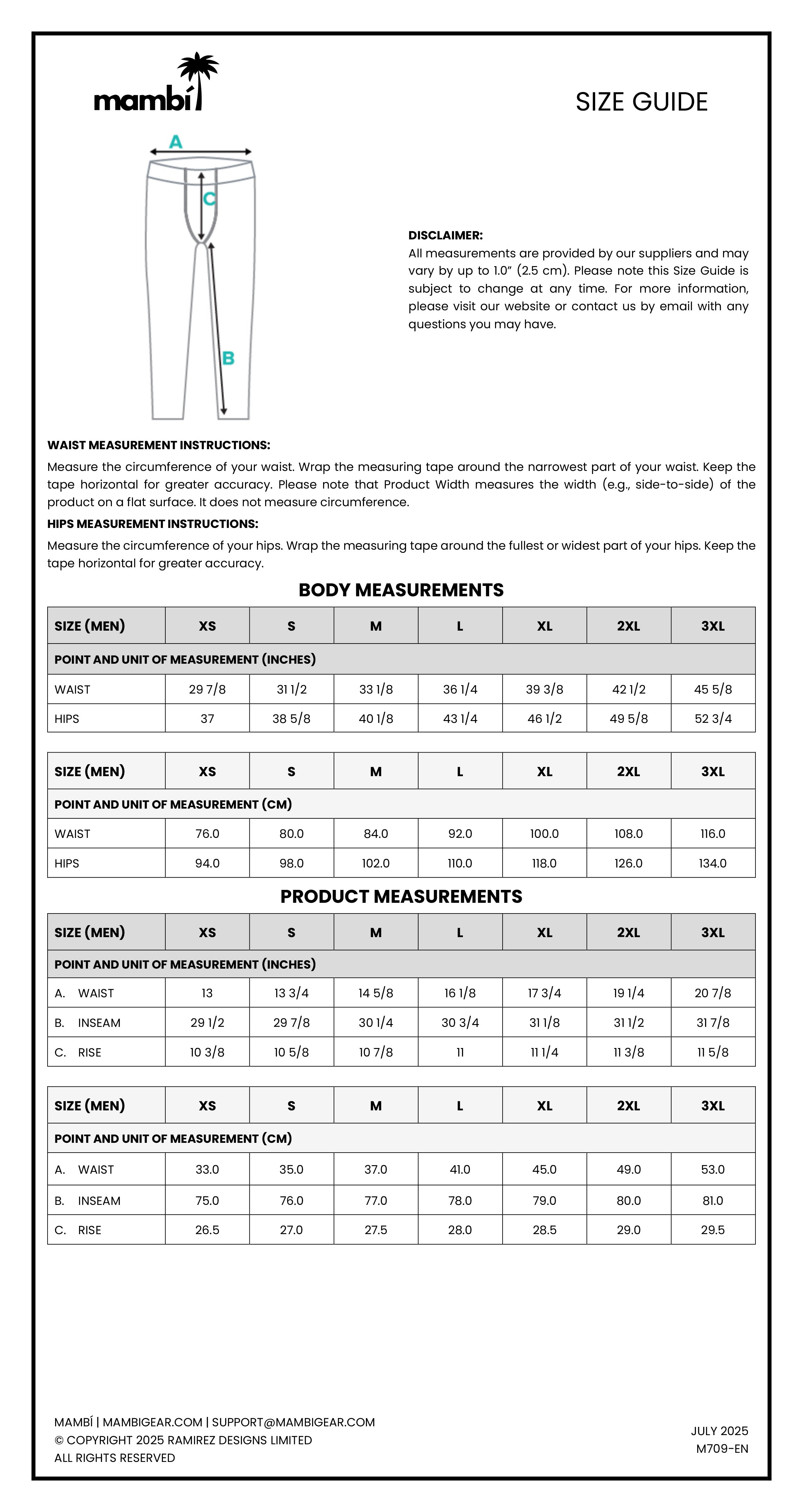 Size guide chart for Mambi apparel. Includes waist measurement instructions, a body measurements table, and a product measurements table for men’s shorts in sizes S to 3XL. Diagram shows how to measure waist, hip, inseam, and rise.