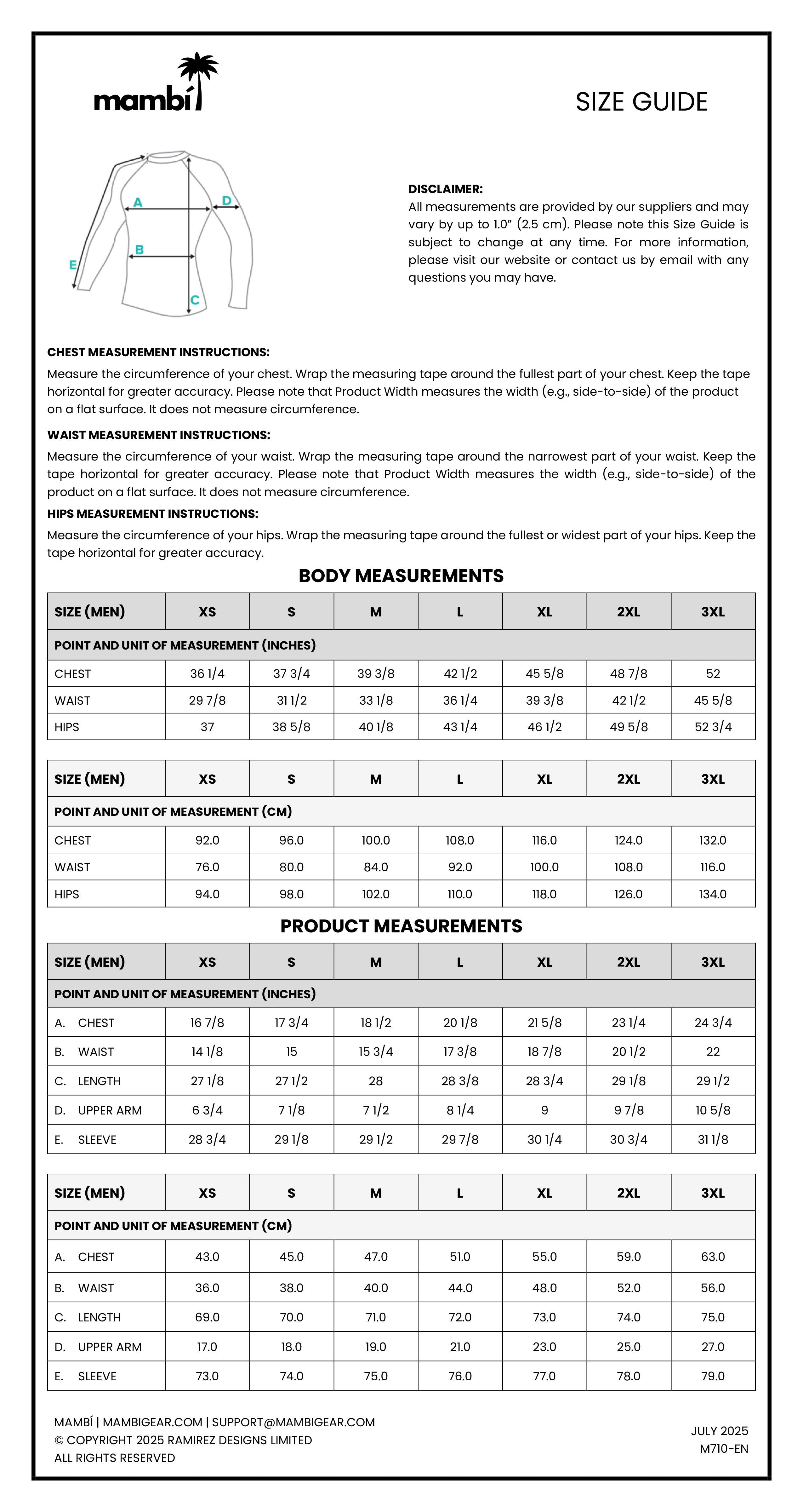Mambi size guide chart with chest, waist, hip measurement instructions, body measurements for sizes XS-XL in inches and centimeters, product measurements for womens tops and bottoms, and contact information at the bottom.