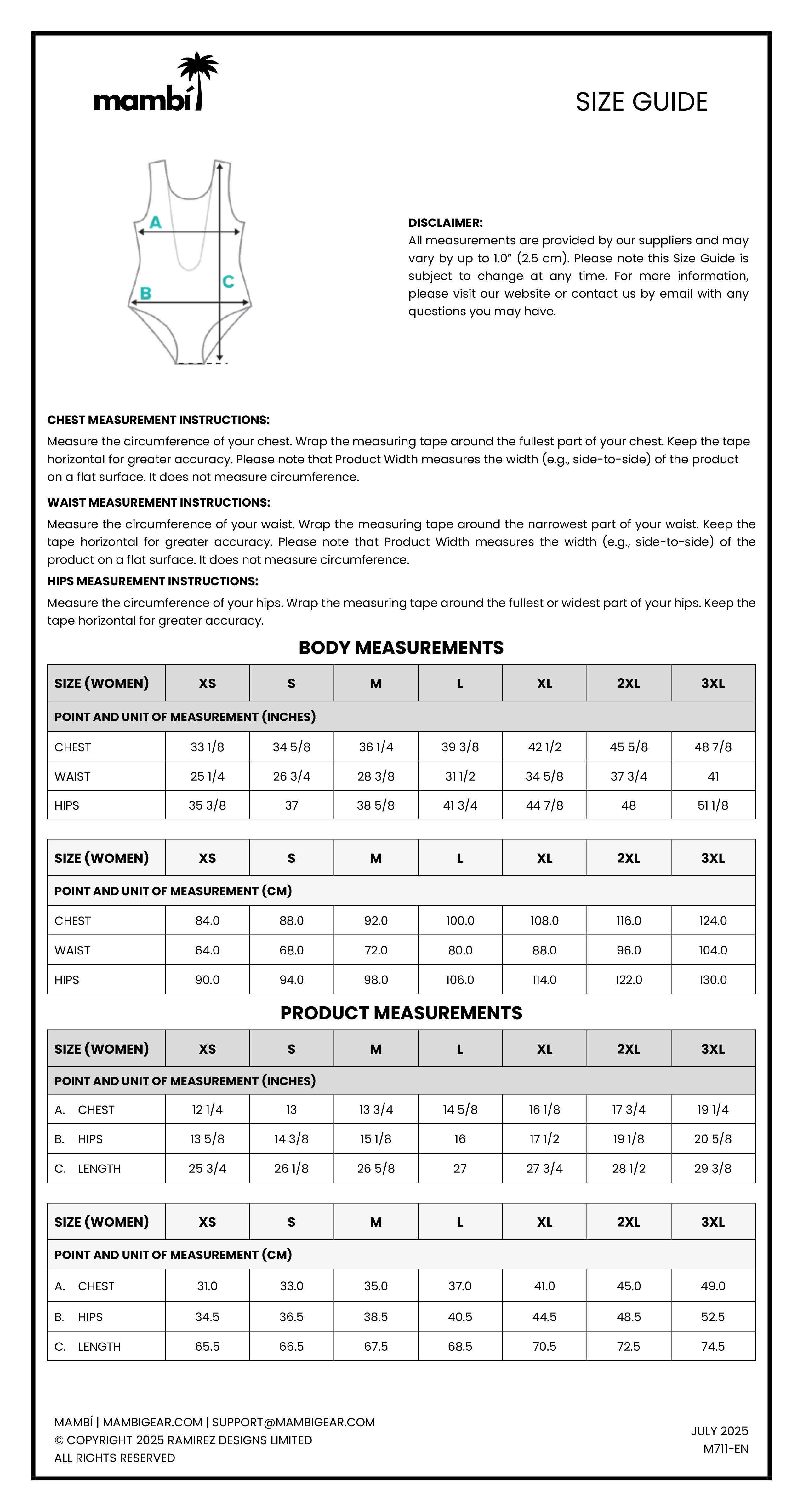 A size guide chart for Mambi clothing showing a tank top illustration with chest and length measurement points, body measurement tables for womens and mens sizes XS-3XL, and product measurement tables for tank tops.