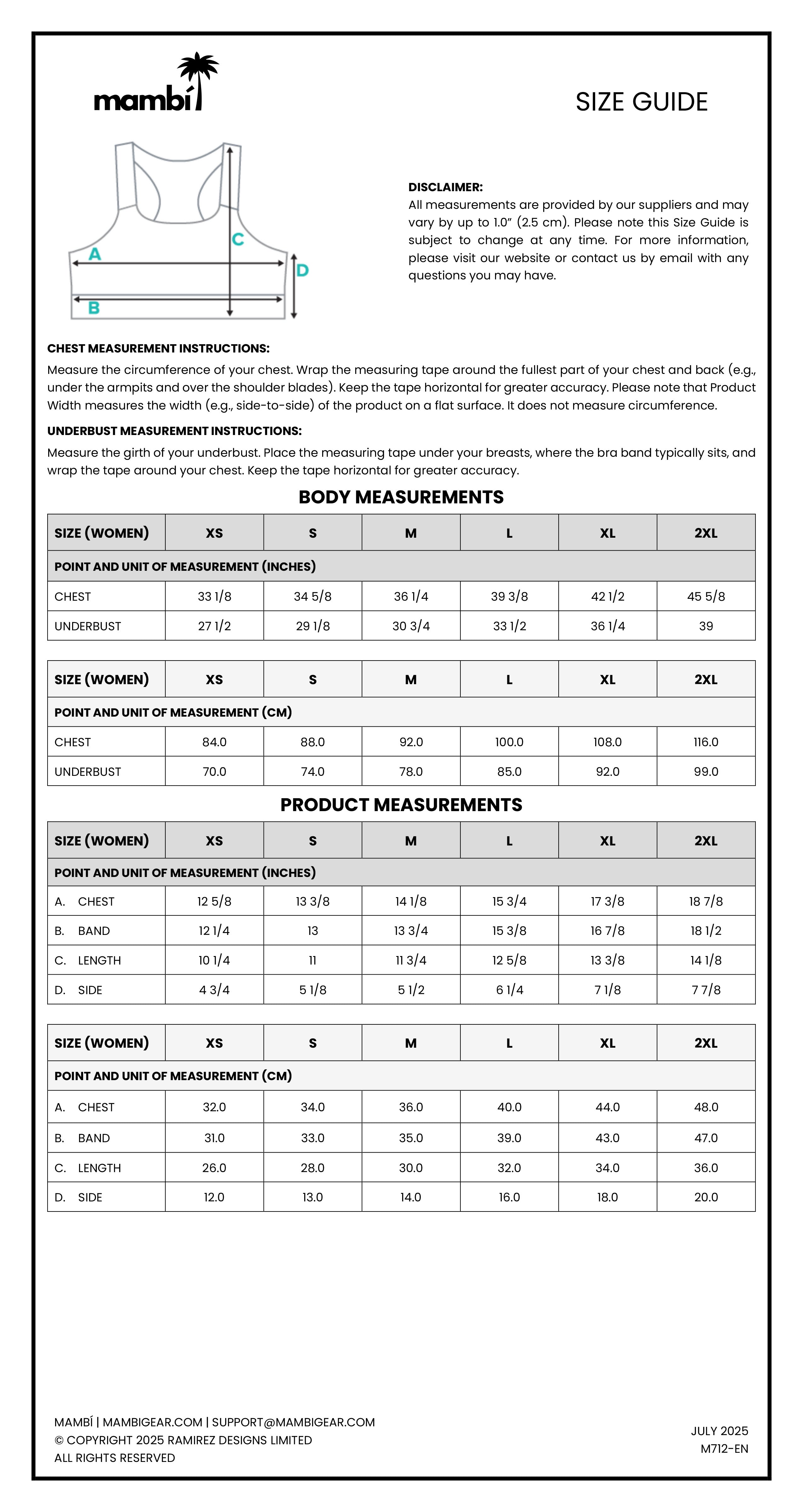 Mambi size guide showing measurement instructions, a tank top illustration, and detailed size charts for womens chest and product measurements in both inches and centimeters, ranging from sizes XS to 2XL.