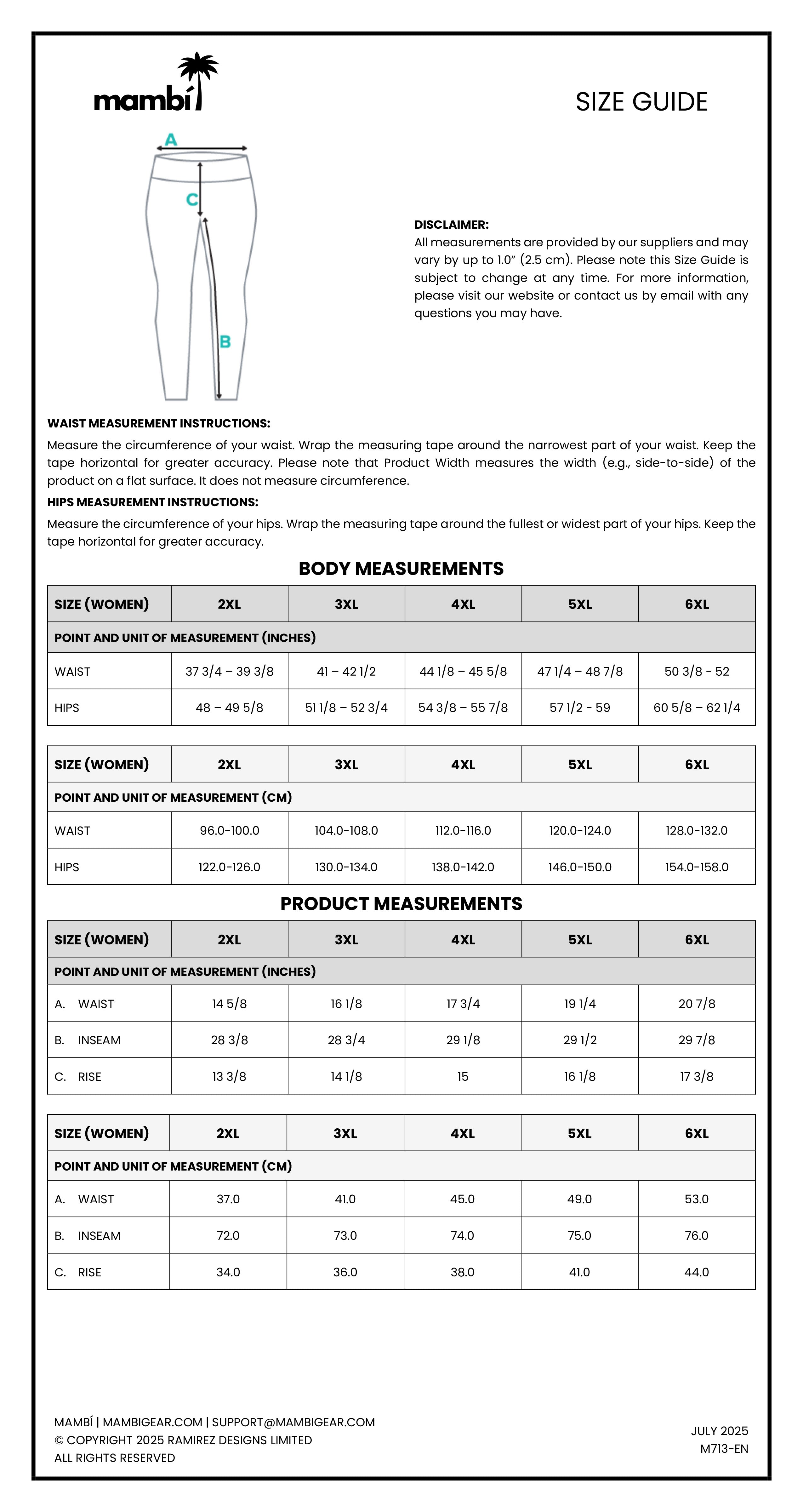 Size guide chart for Mambi womens pants, showing measurement instructions with a waist measurement illustration, a disclaimer, and tables for waist, hip, thigh, outseam, inseam, and rise in inches and centimeters.
