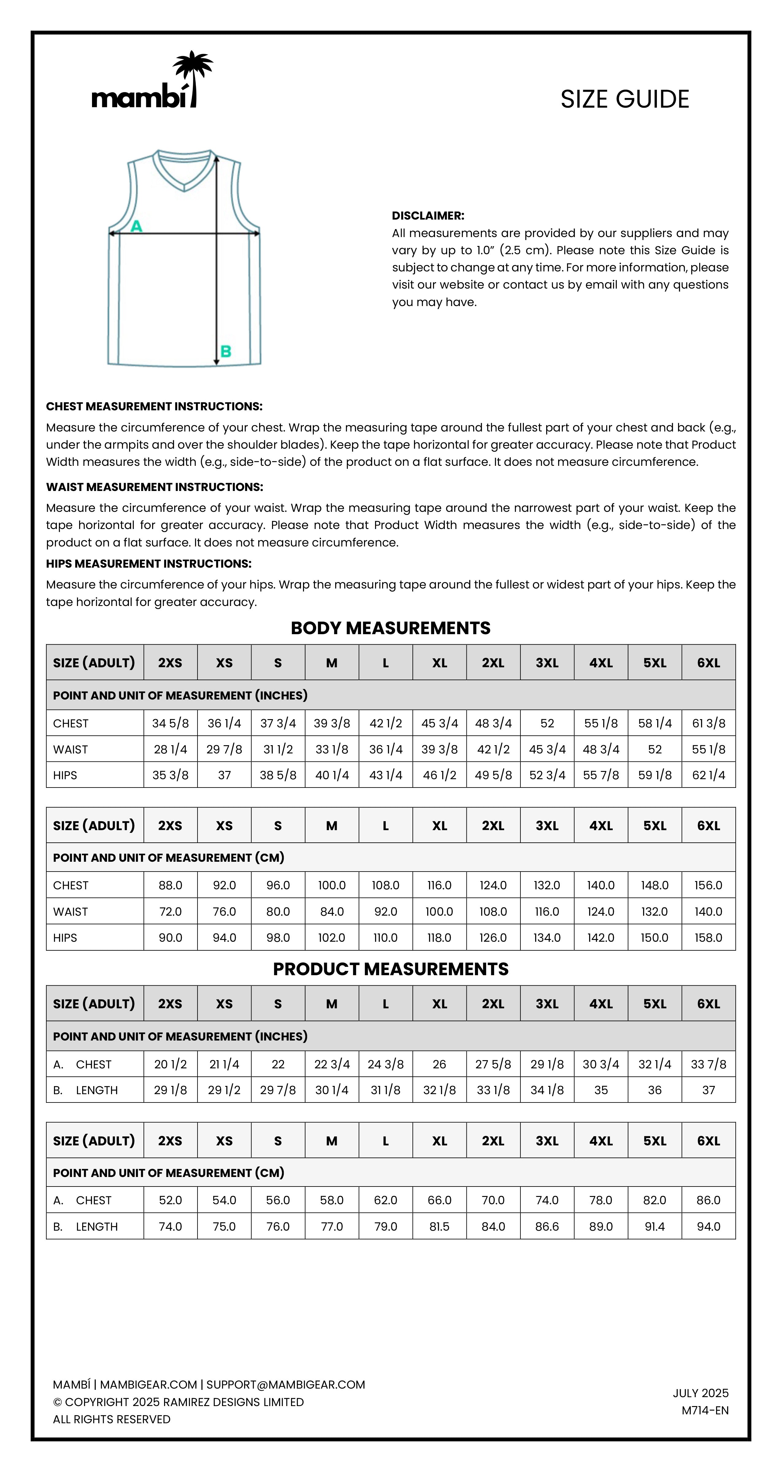 Mambi size guide poster with chest measurement instructions, a diagram of a sleeveless shirt, guidelines for body and product measurements, and size charts for adults (XS–5XL) and youth (XS–XL). Company contact details at bottom.