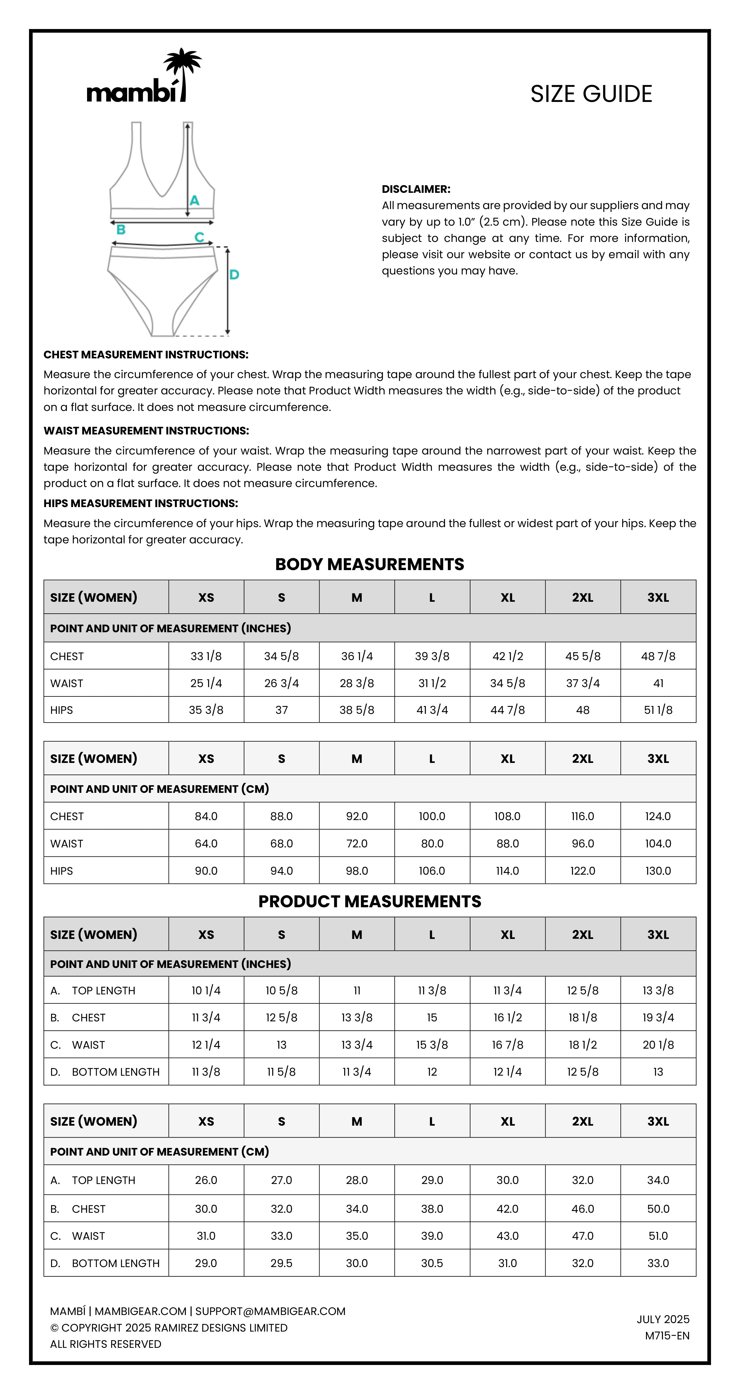 Size guide chart for mambi brand tops, showing measurement instructions and tables for chest and hip measurements in inches and centimeters, plus product measurements for S to 3XL sizes, with a diagram of how to measure your chest.