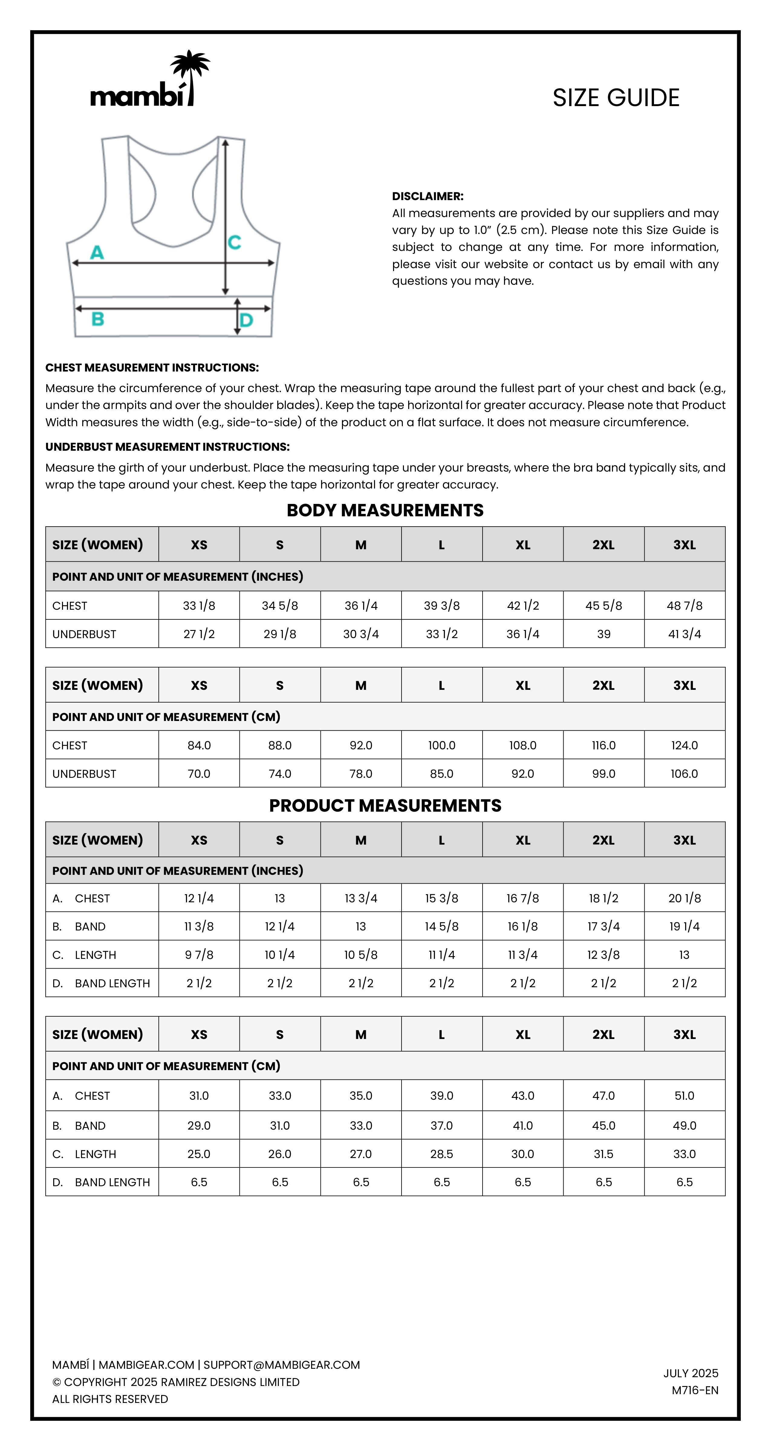 A detailed clothing size guide from Mambi with body and product measurement charts for sizes XS to 3XL, chest measurement instructions, a disclaimer, and contact information at the bottom.