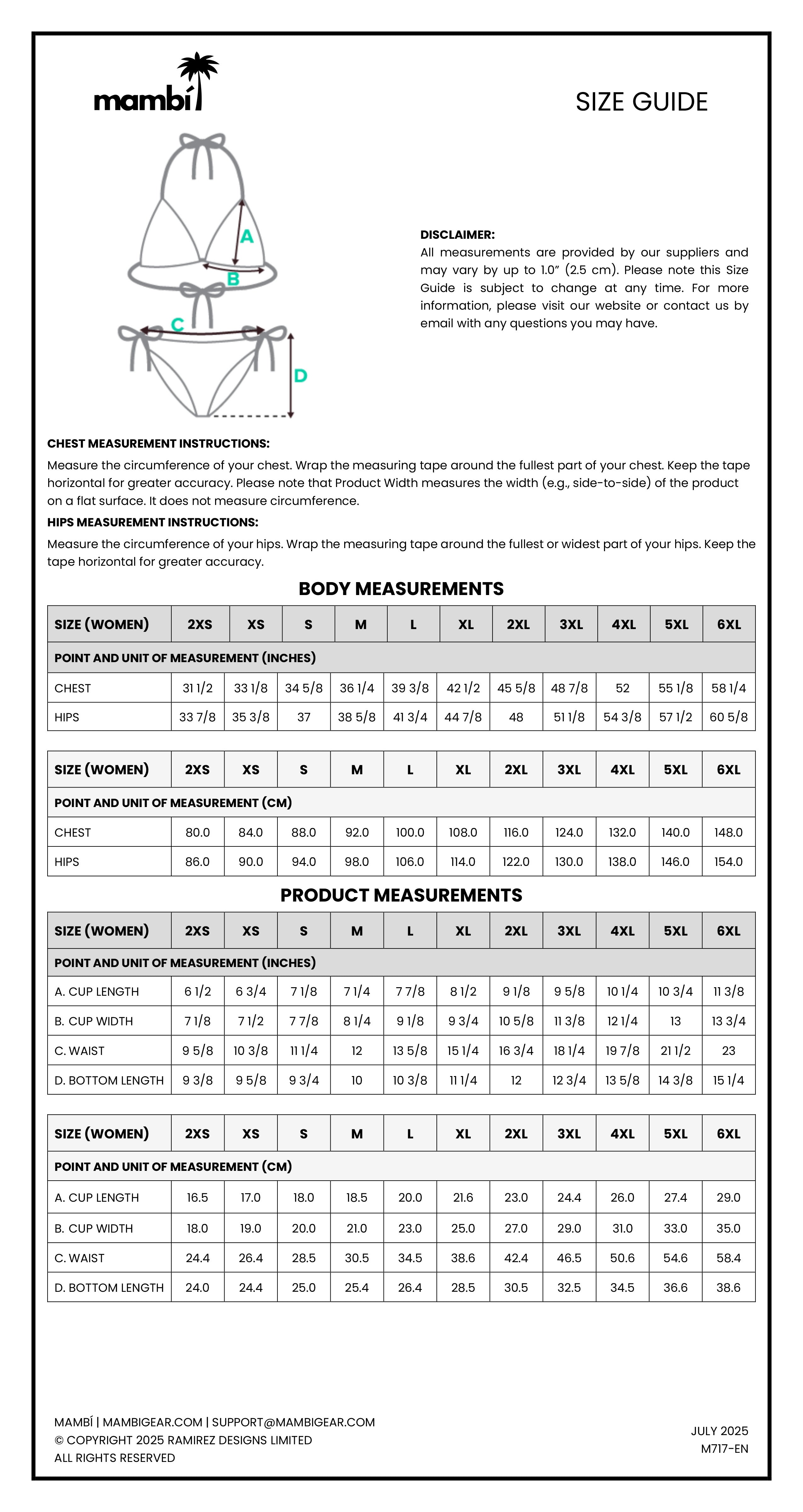 Size guide table for Mambi swimwear with diagrams for bust, underbust, waist, and hips measurements. Table includes womens and mens sizes (XS-3XL), cup sizes, and measurement instructions. Contact info at bottom.