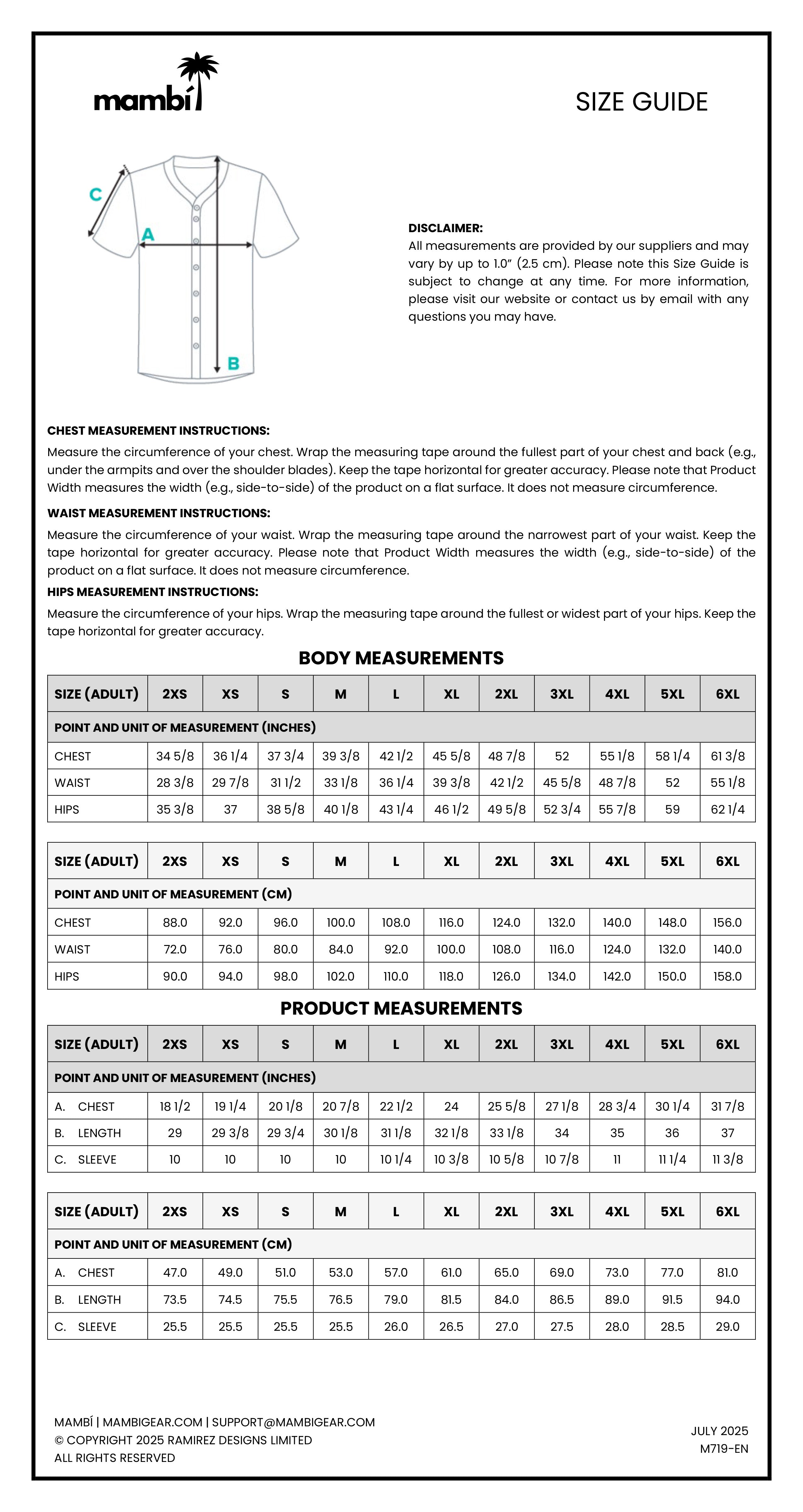 Mambi size guide chart with illustrated shirt and detailed tables for chest, waist, and product measurements for various adult and youth sizes, plus instructions for how to measure chest, waist, and hips.