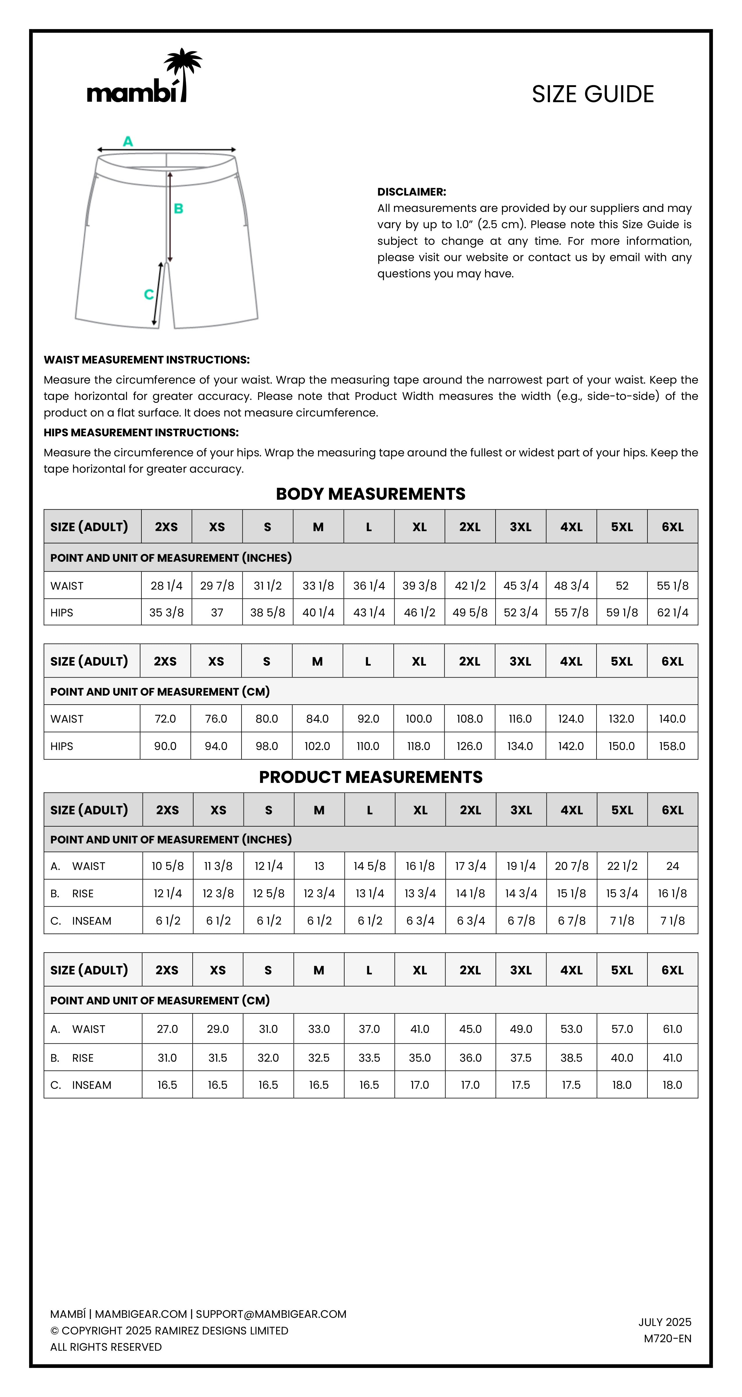 Size guide for mambi brand shorts, showing waist measurement instructions and a table detailing body measurements (waist and hip) for sizes 2XS to 3XL in both cm and inches.