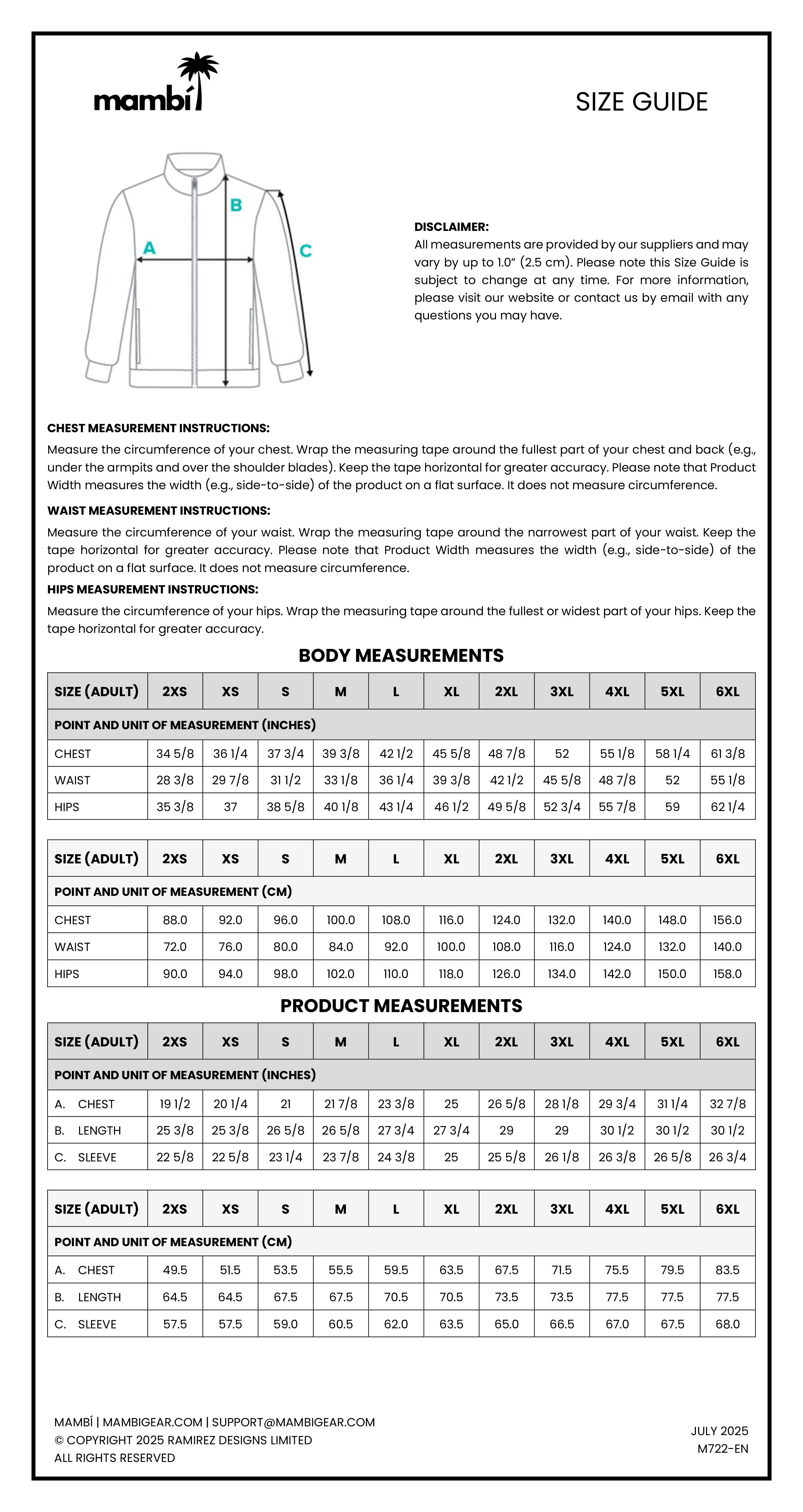 A size guide chart for Mambi jackets showing a measurement diagram, instructions for measuring chest, waist, and hips, and tables listing adult, kids, and product measurements in centimeters for different sizes.