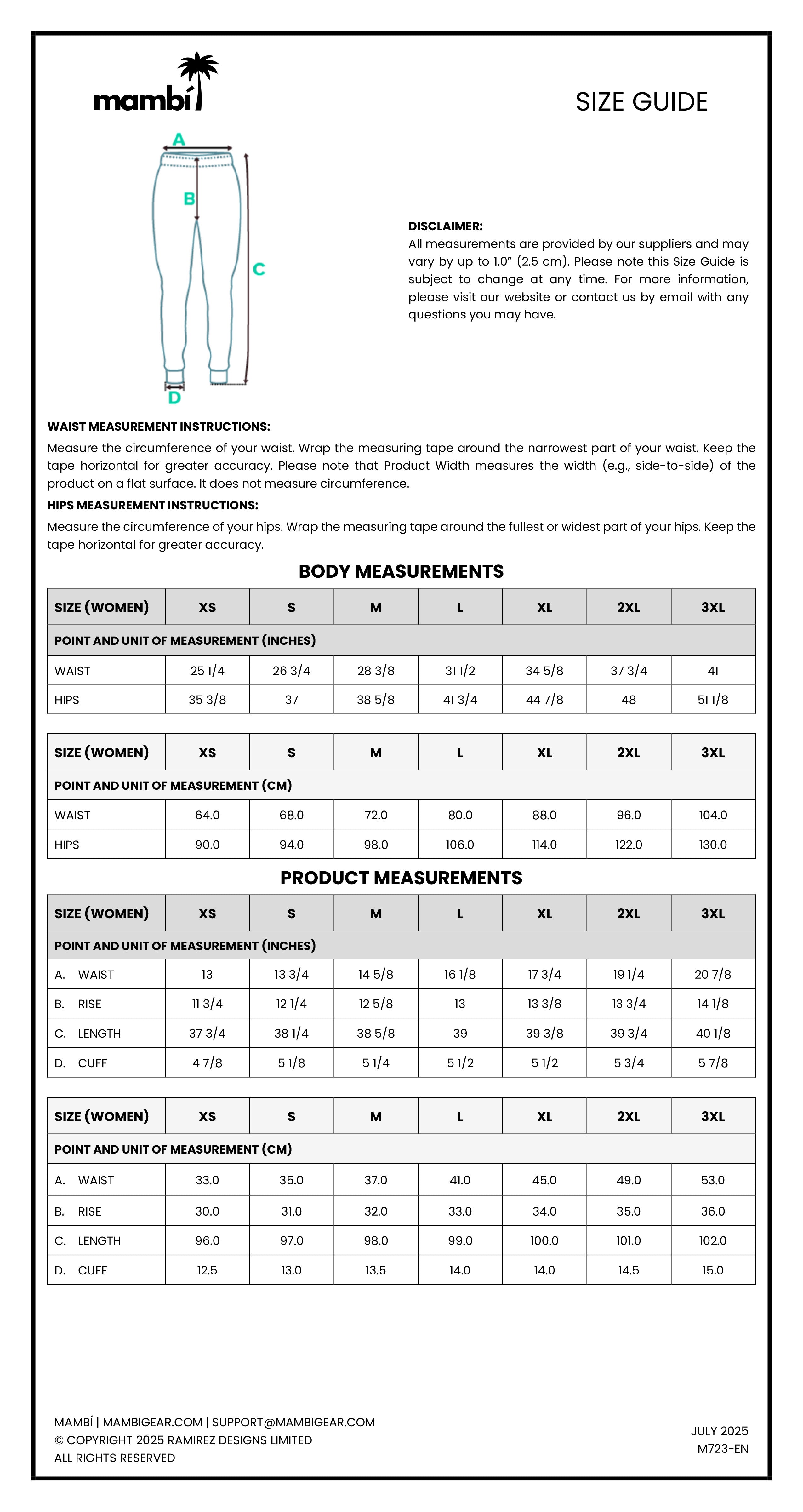 Mambi size guide chart for womens pants, showing body and product measurements in inches and centimeters for sizes XS to 3XL. Includes a diagram for waist measurement instructions and a disclaimer at the top.