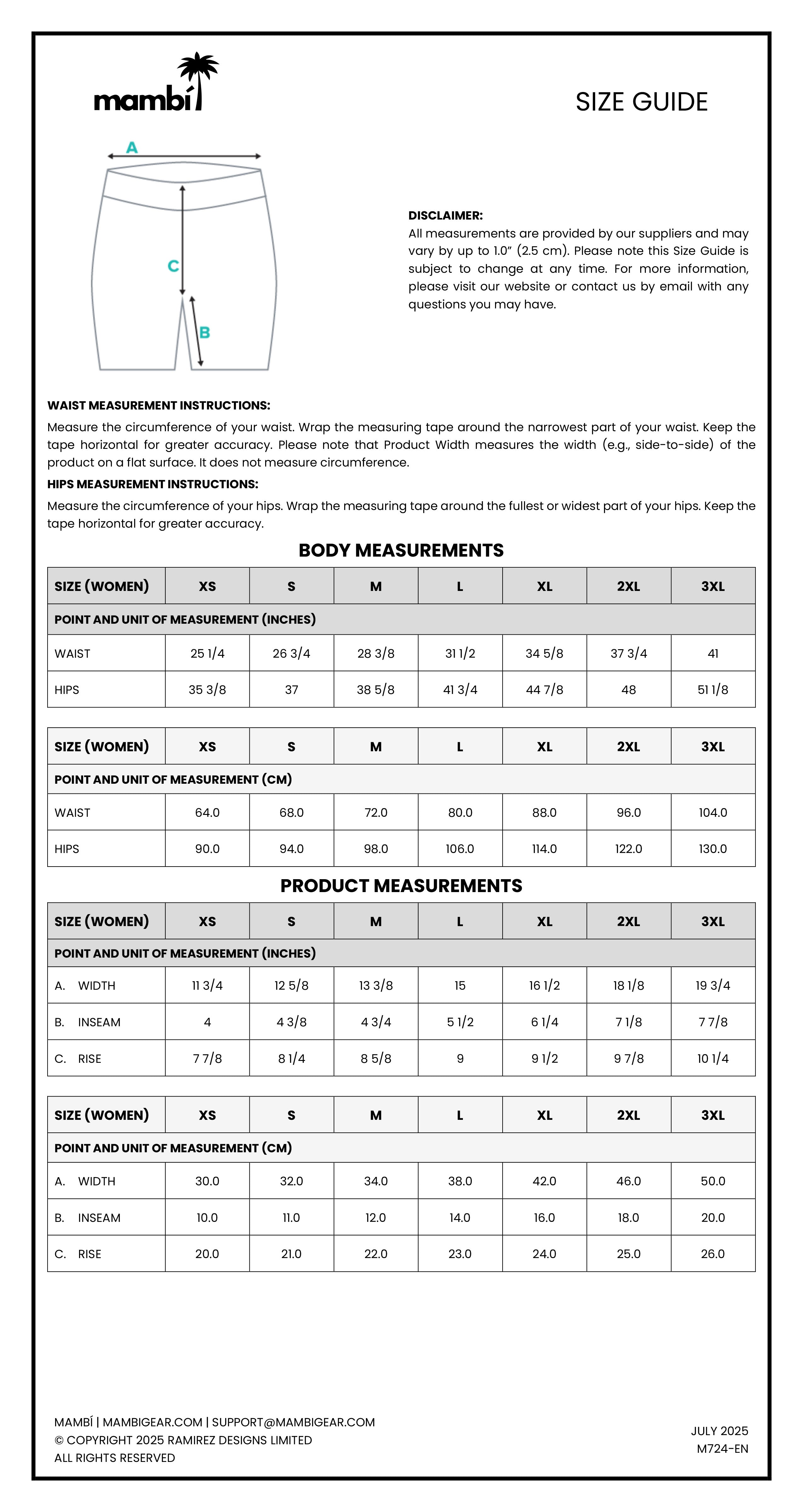 Size guide chart for mens swimwear by Mambí showing how to measure waist and hips, body measurements in inches and centimeters for sizes XS to 4XL, and product measurements for shorts. Includes contact information.