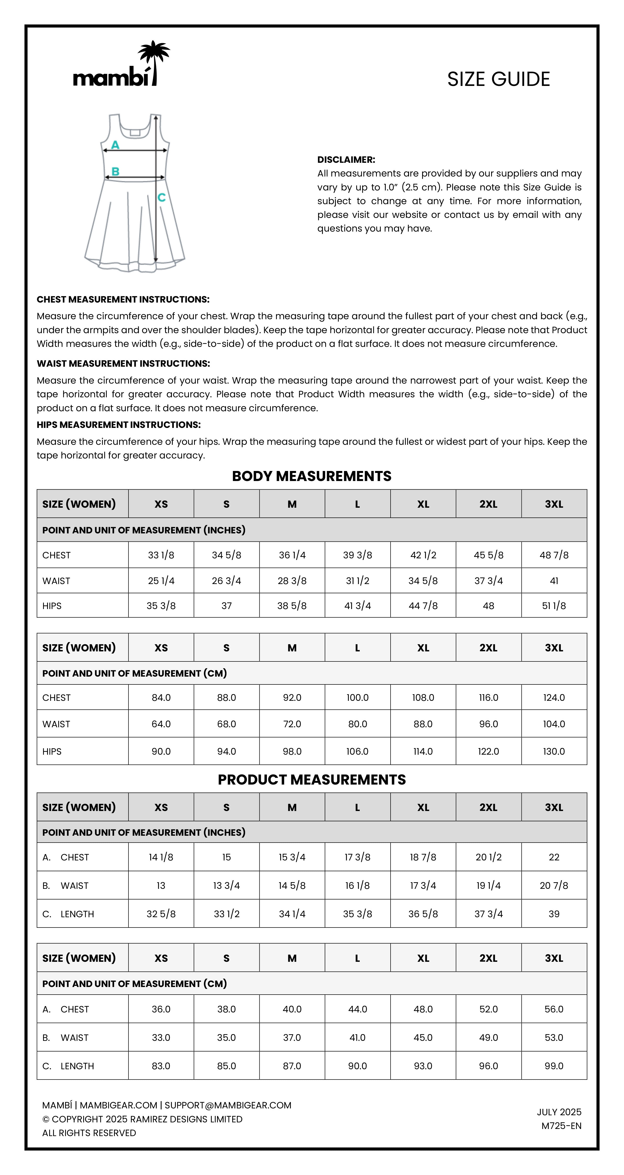 Size guide chart for womens clothing, showing illustrated measurement instructions and tables for body and product measurements in centimeters and inches for sizes XS to 3XL; brand and contact info at the bottom.