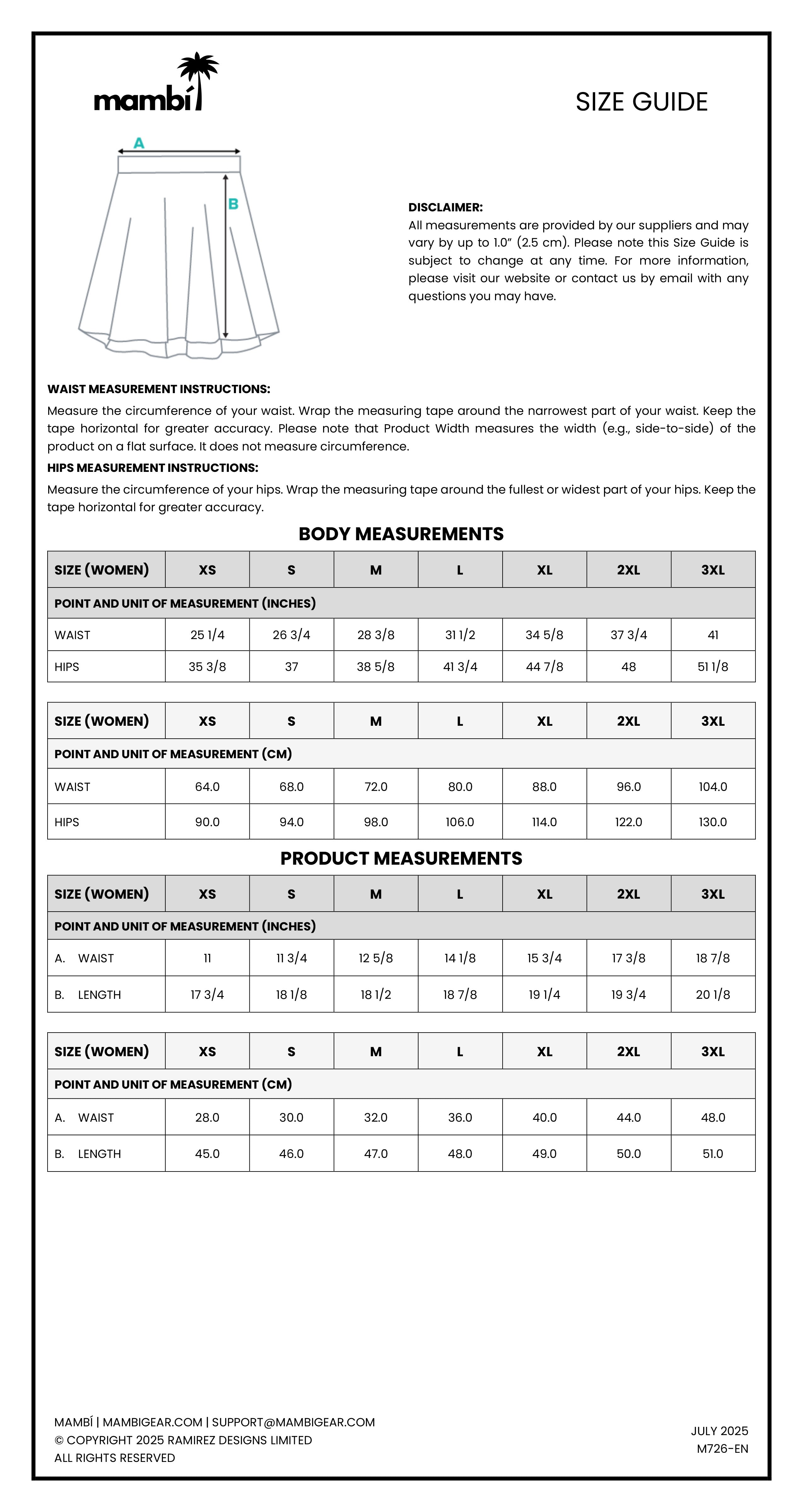 Size guide for Mambi clothing showing waist measurement instructions, a disclaimer, body measurements for men and women’s clothing in sizes XS-3XL, and product measurements for T-shirts, shorts, and pants.