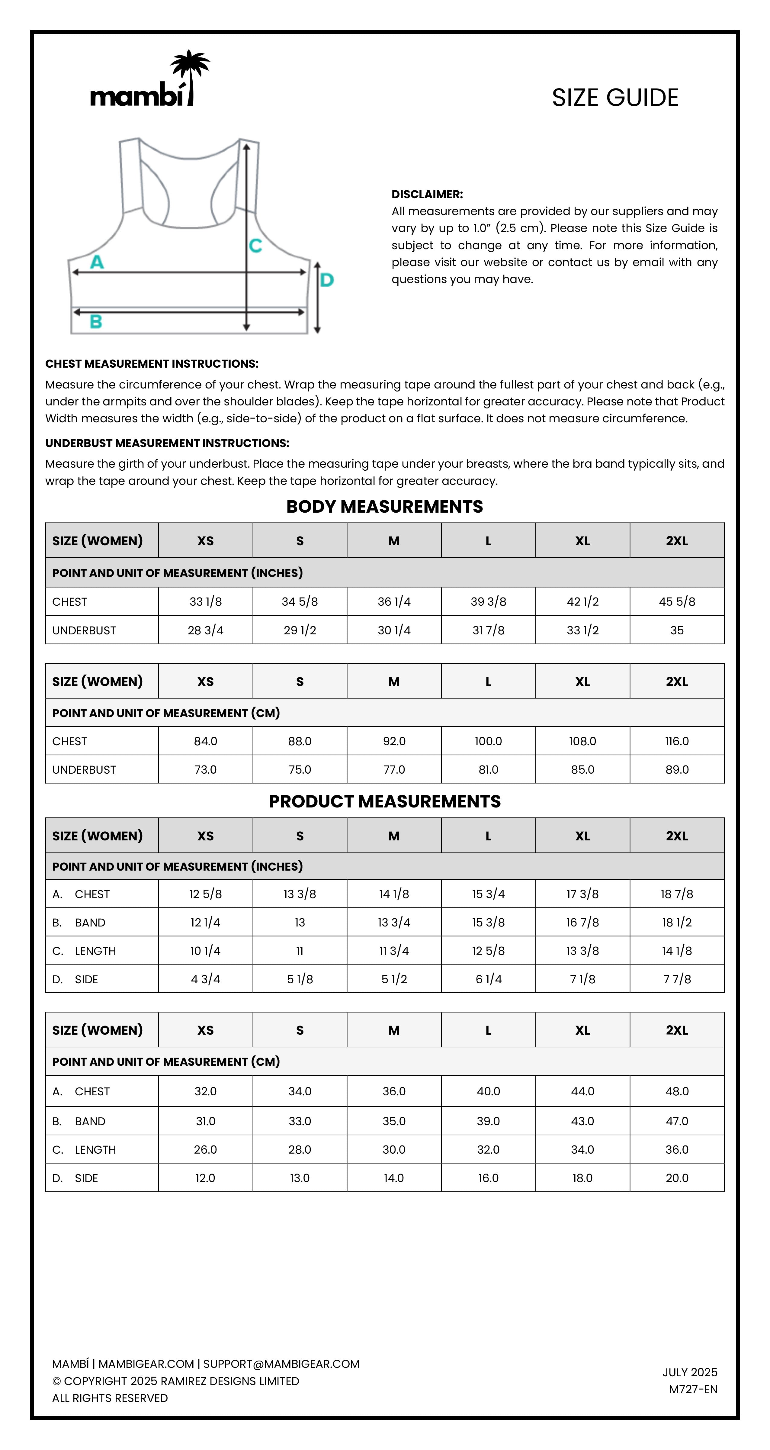 A size guide chart for Mambi swimwear, showing how to measure chest, band, and cup. Includes size conversion tables for womens XS to XL with body and product measurements in inches and centimeters.
