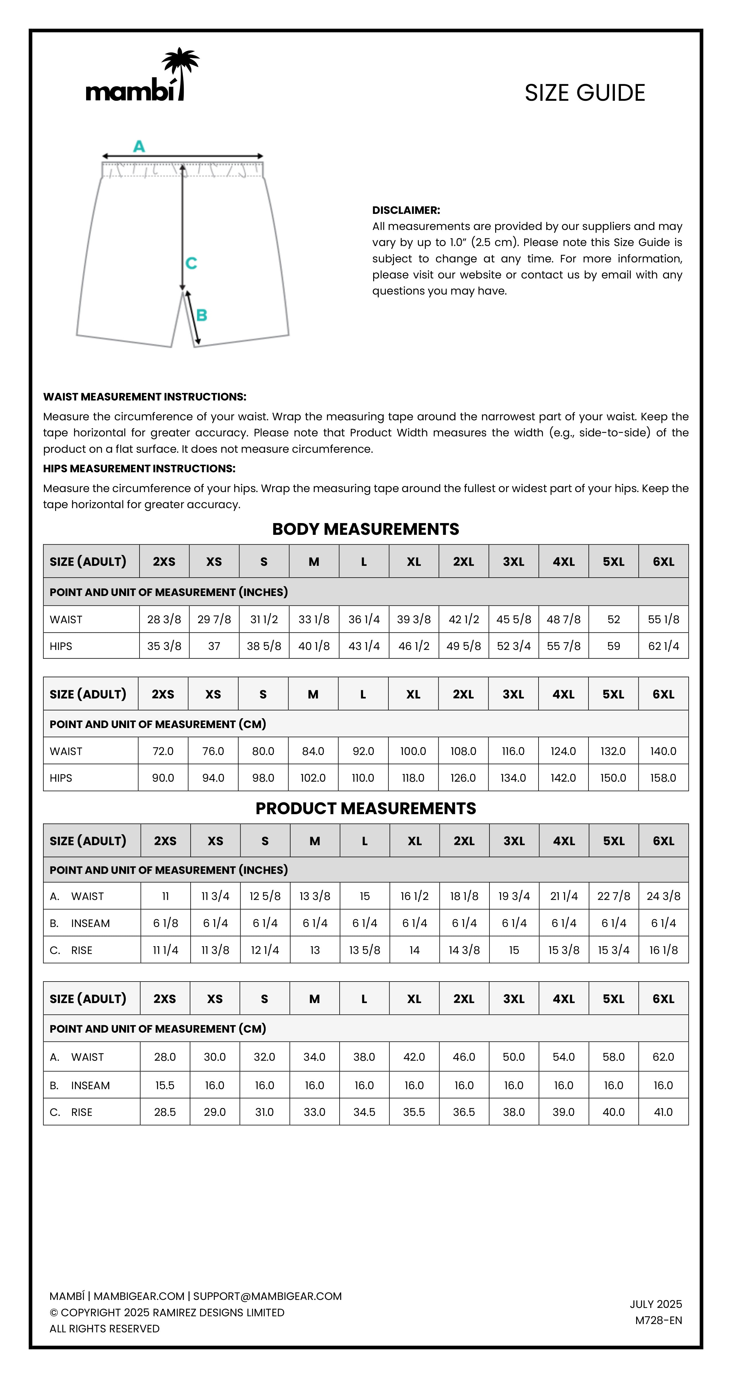Size guide chart for Mambi, showing body and product measurements in inches for adults (XS-4XL) and kids (2XS-XL), with waist measurement instructions and a disclaimer at the top.