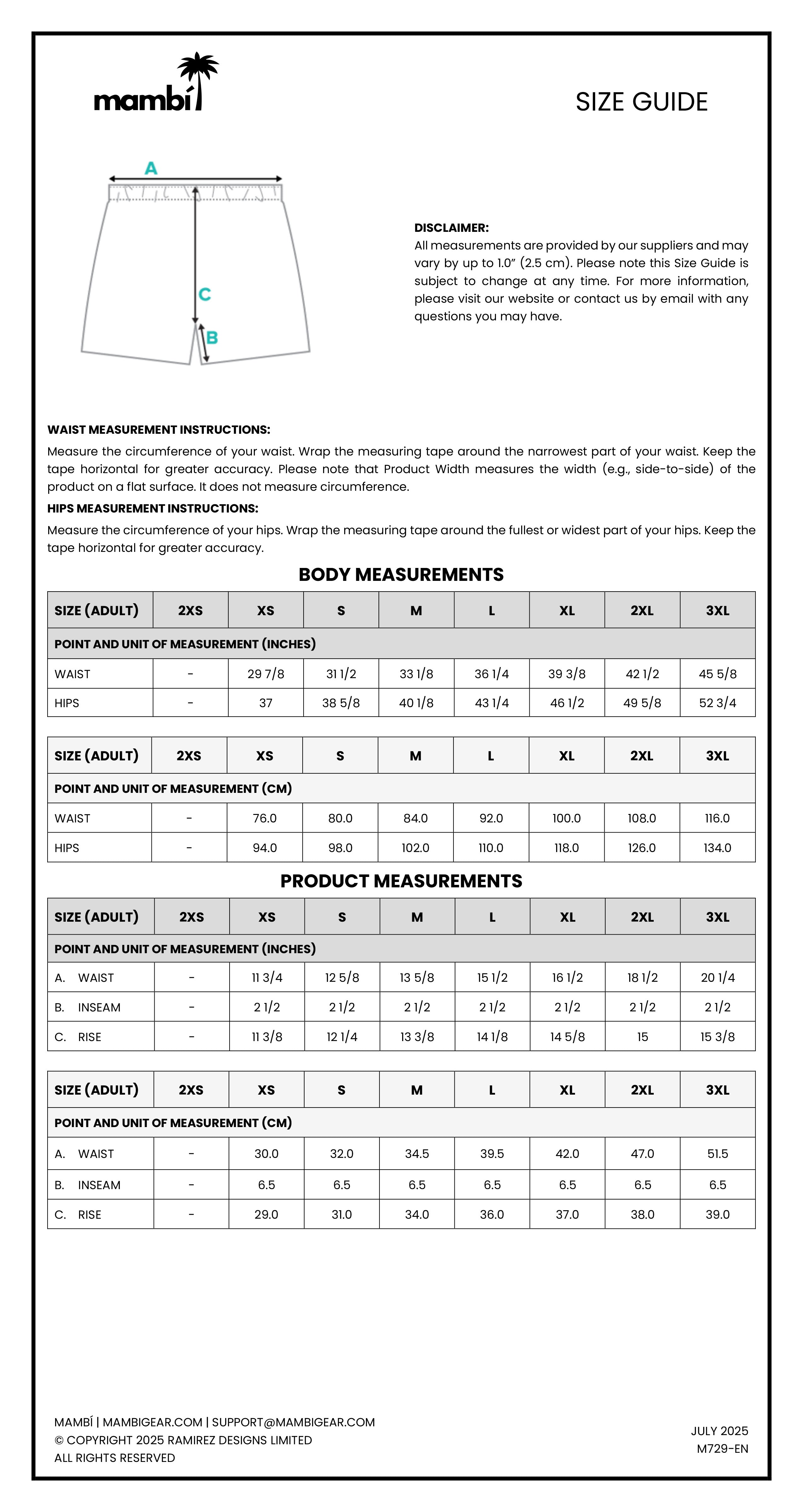 A size guide for Mambi shorts, including a diagram showing measurement points, instructions, and tables for adult and kids’ body and product measurements in centimeters and inches. Contact info is at the bottom.