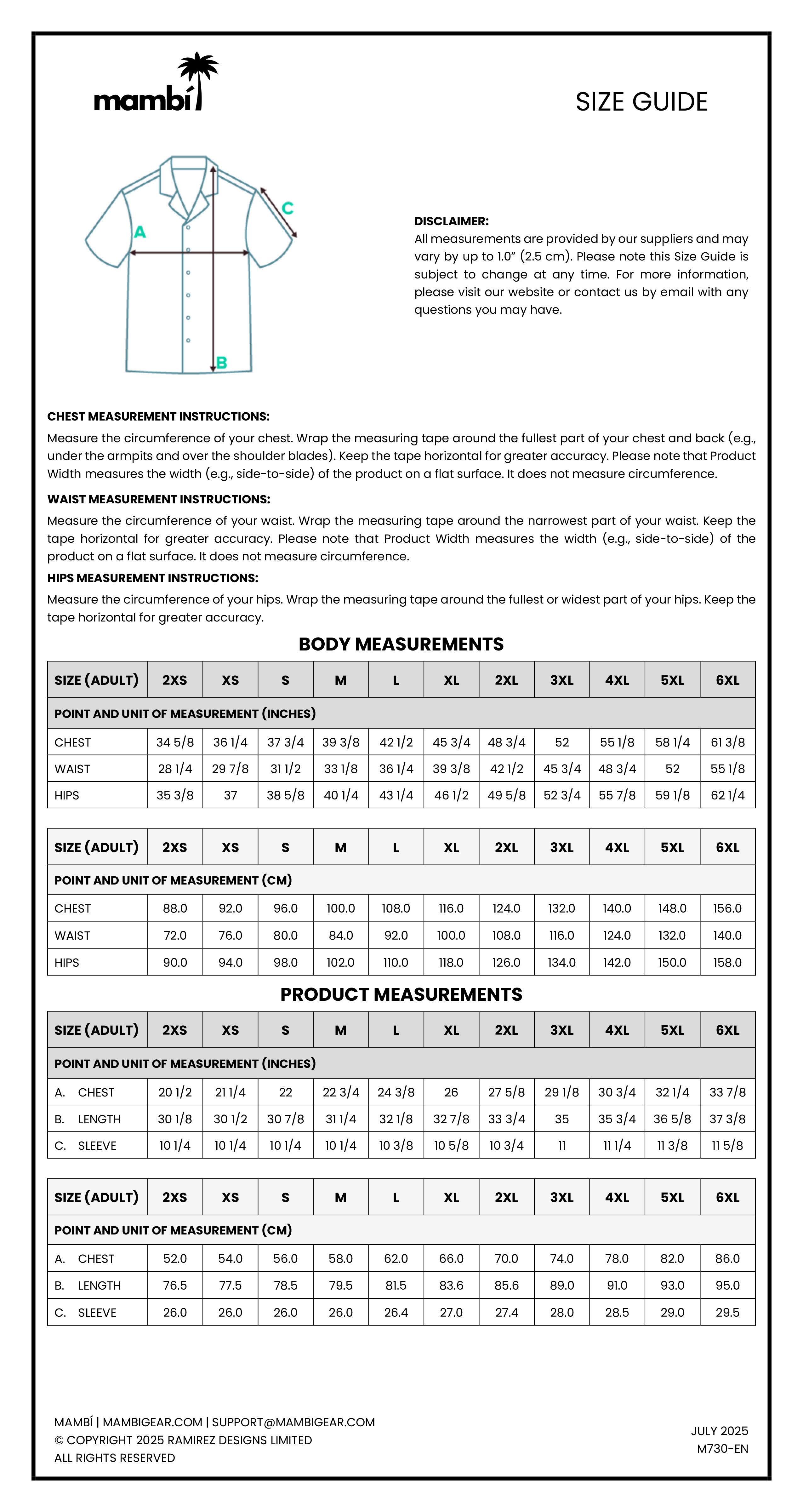 Mambi size guide chart for mens shirts showing body and product measurements in centimeters for sizes XS to 6XL, with measurement instructions and a shirt illustration at the top left.