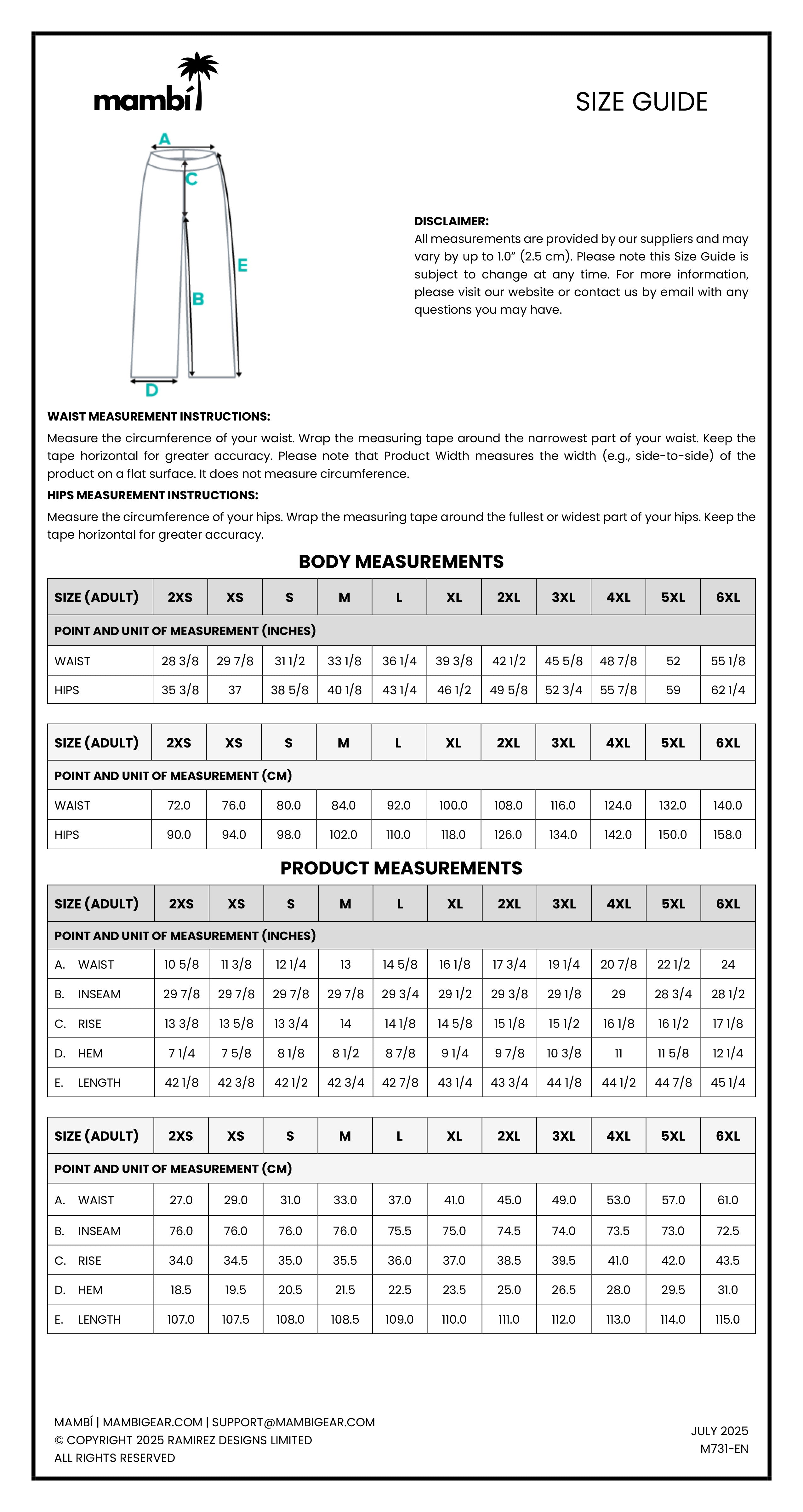 Mambi size guide chart for pants, showing body and product measurements in inches and centimeters for sizes XS to 4XL, with waist measurement instructions and company contact info at the bottom.