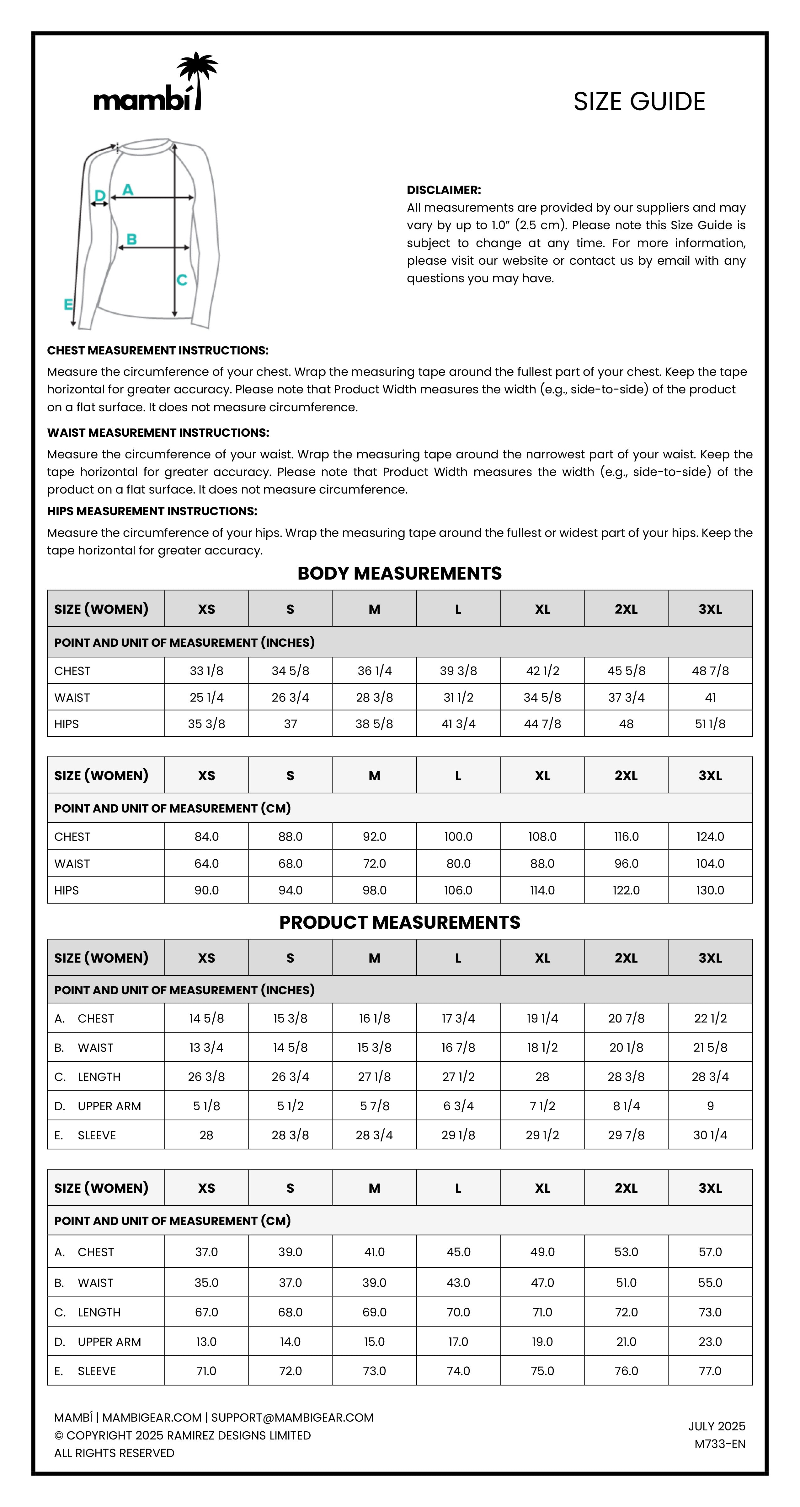 Mambi size guide chart with body and product measurements for sizes S to 2XL, plus measuring instructions and a torso outline showing chest, waist, and hips measurement locations. Text and tables are in black on a white background.