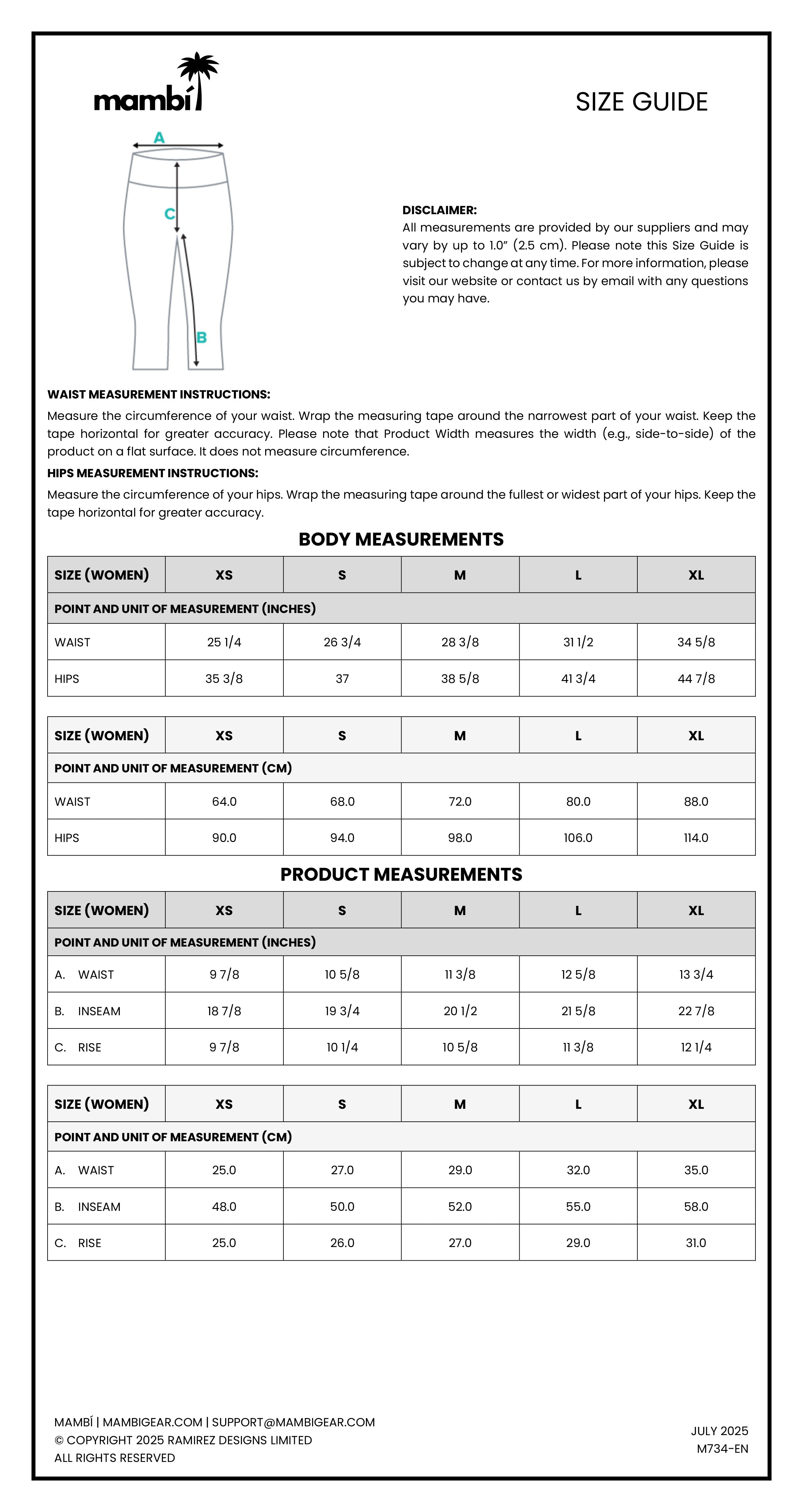 Mambi size guide chart for women’s and men’s bottoms, showing waist, hip, outseam, and inseam measurements by size (XS-XL). Includes measurement instructions and product feature details for fit, closure, and pocket style.