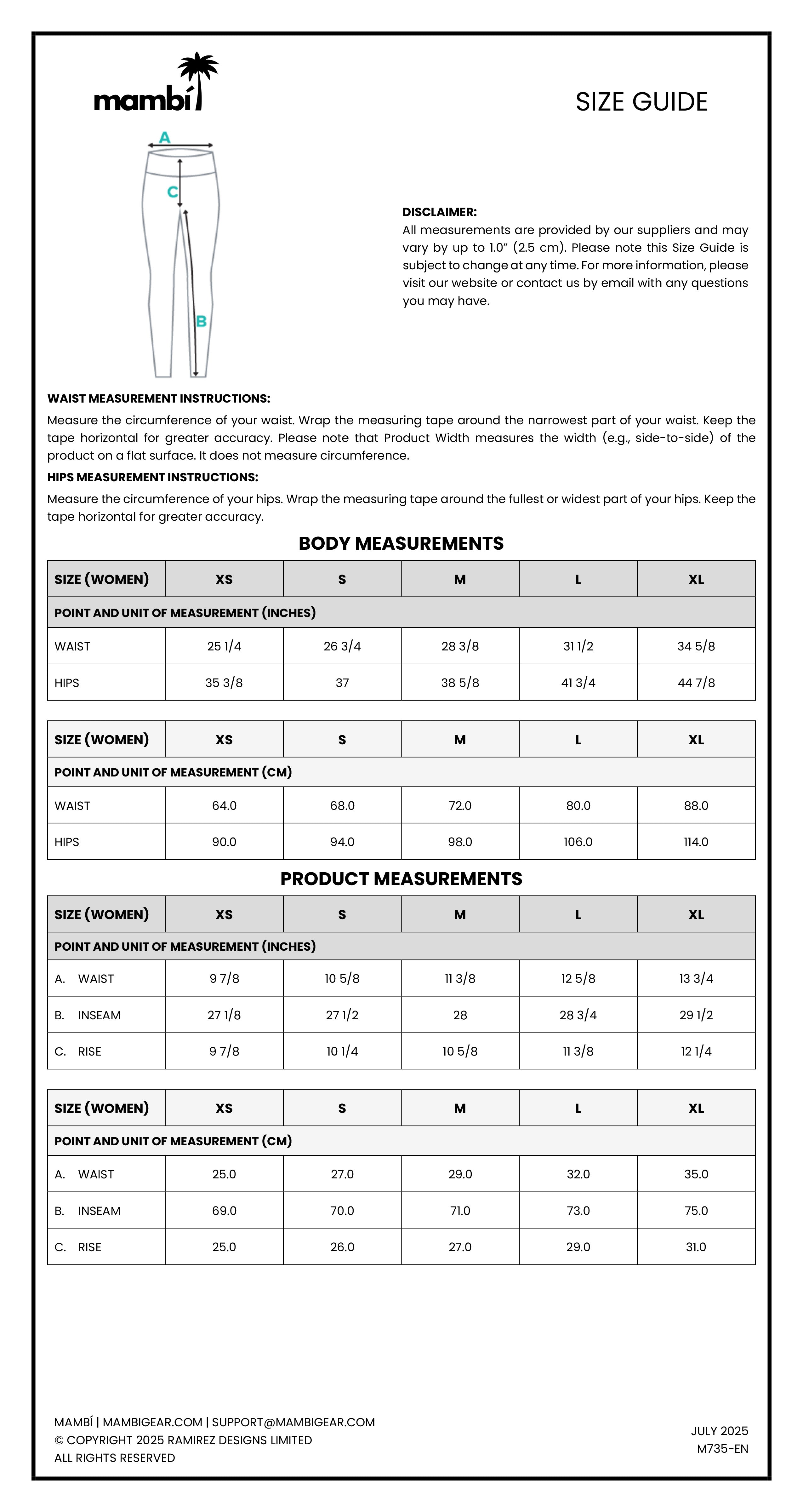 Mambi size guide chart showing waist measurement instructions, body measurements for women and men in sizes XS to XL, and product measurements for women’s and men’s pants, provided in centimeters and inches.