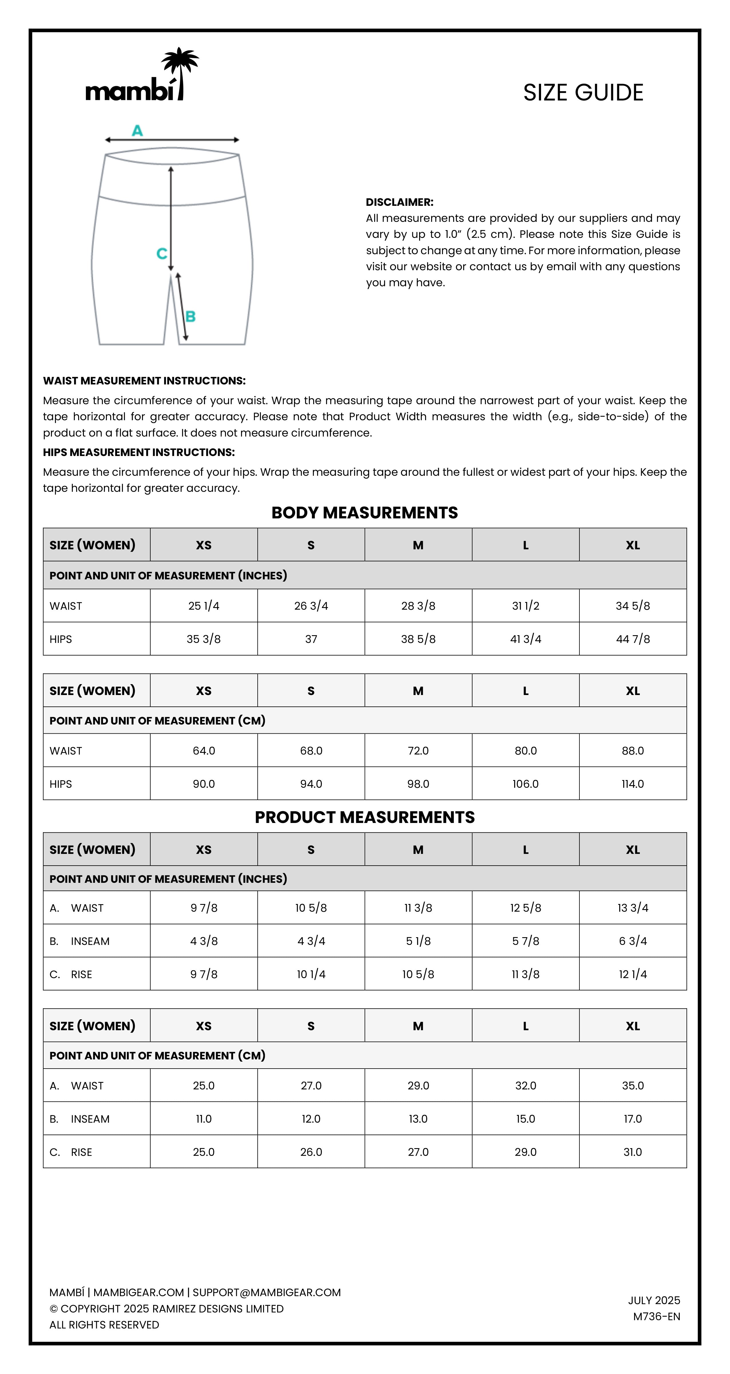 A size guide chart for Mambi clothing with diagrams showing how to measure waist and hips, body and product measurements in sizes XS to XL, and contact information at the bottom.