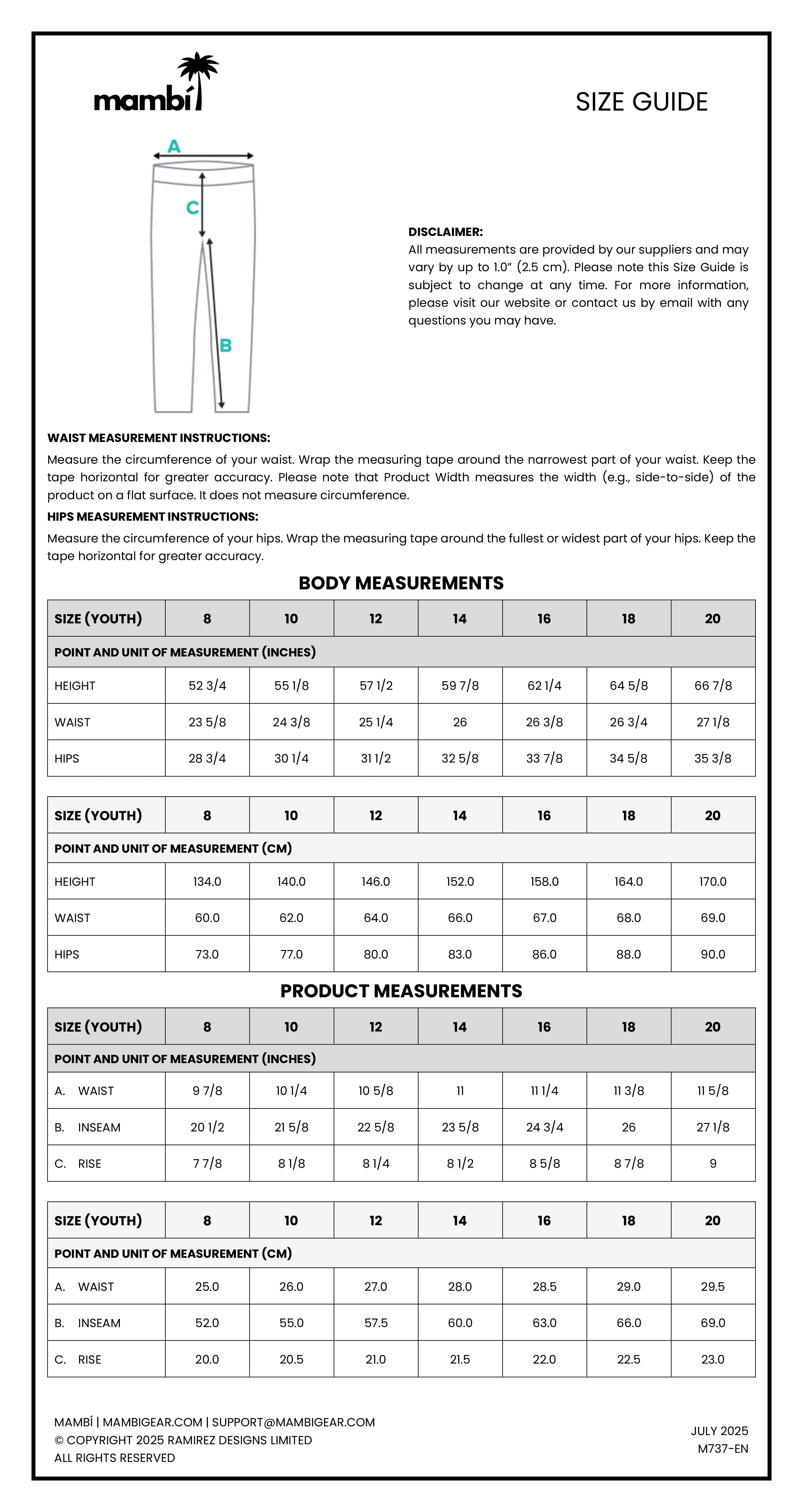 Mambi size guide chart for youth pants, showing how to measure waist, along with body and product measurements in inches and centimeters for sizes 8 to 20. Includes instructions, a diagram, and contact info at the bottom.