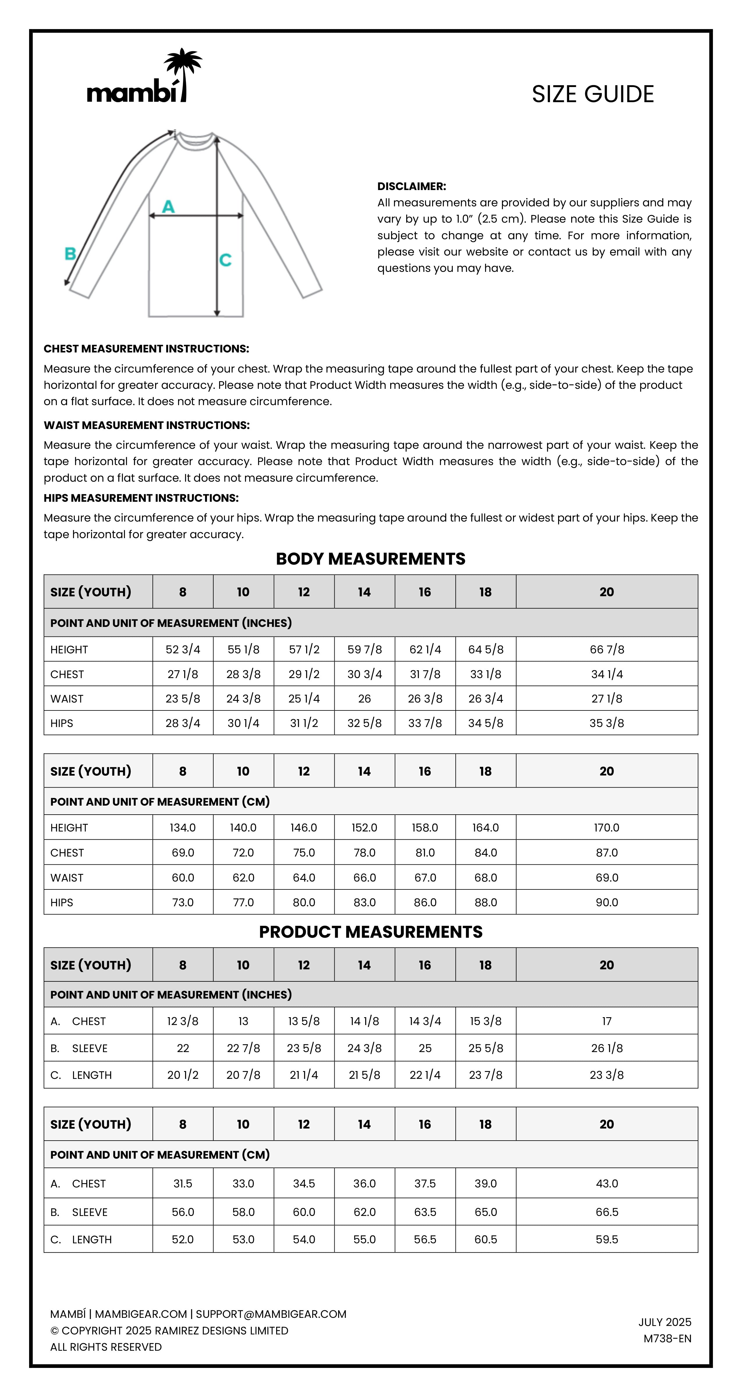 Size guide for mambi clothing. Includes diagrams for measuring chest, waist, and hips, detailed body measurement charts for youth and adult sizes XXS-2XL, and product measurements for tops and bottoms.