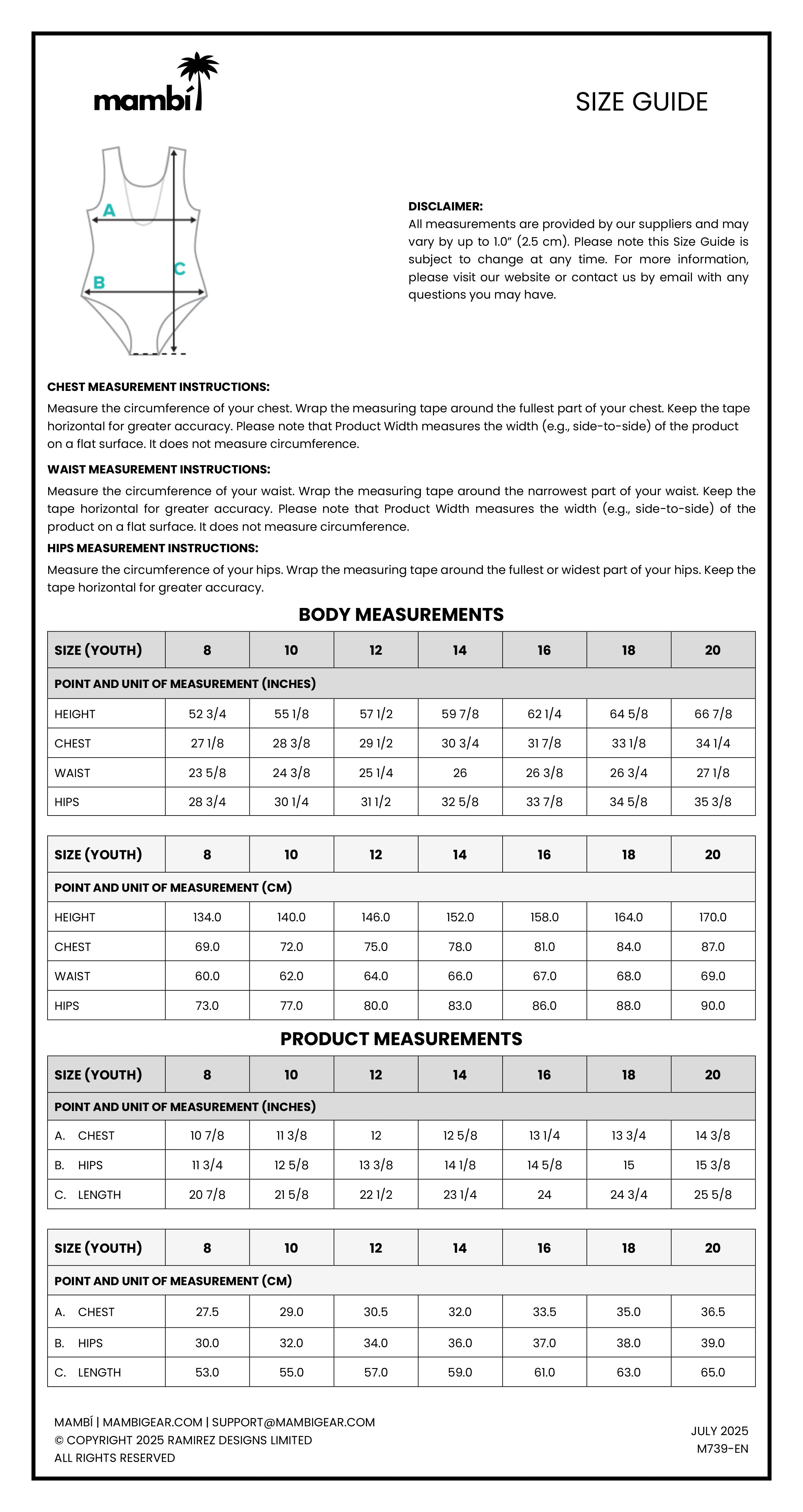 A size guide chart for Mambi apparel, displaying body and garment measurements in inches and centimeters for youth and adult sizes. Includes measuring instructions, disclaimers, and company contact information.