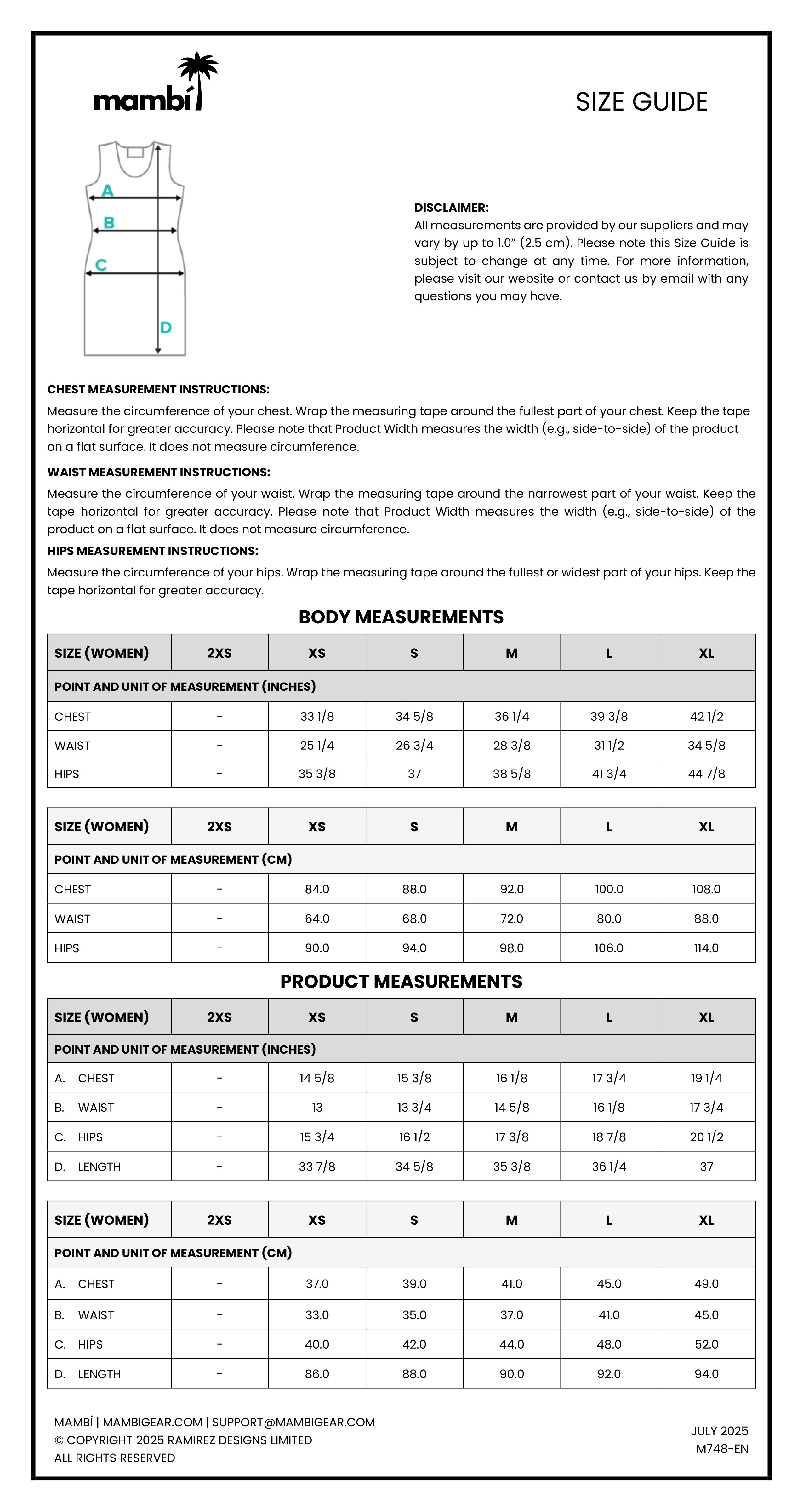 A detailed size guide for mambi tops, showing measurement diagrams and tables for body and product measurements in centimeters and inches for sizes 2XS to 2XL. Instructions for measuring chest and hips are included.