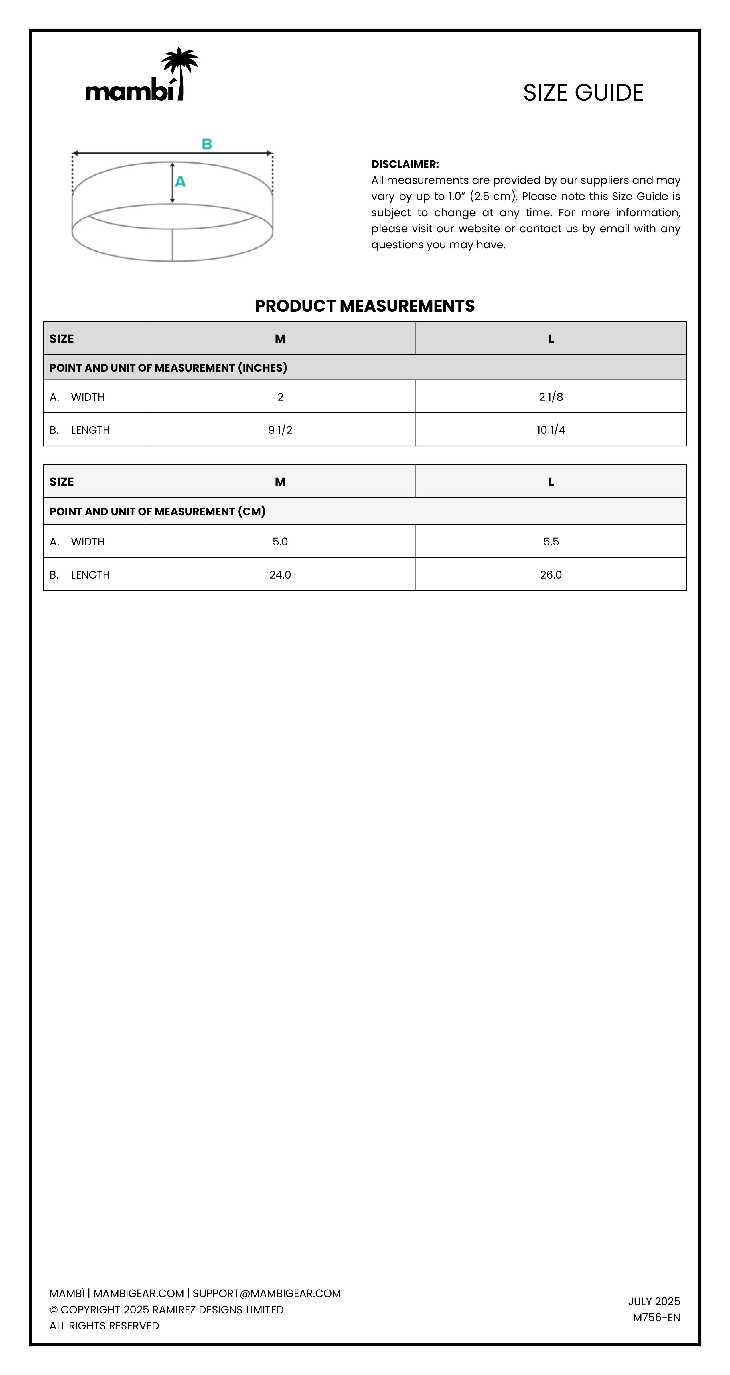 A size guide for mambi bracelets shows a diagram of a bracelet with points A and B, product measurements for sizes M and L, and a disclaimer about possible measurement variances. Contact details are listed at the bottom.