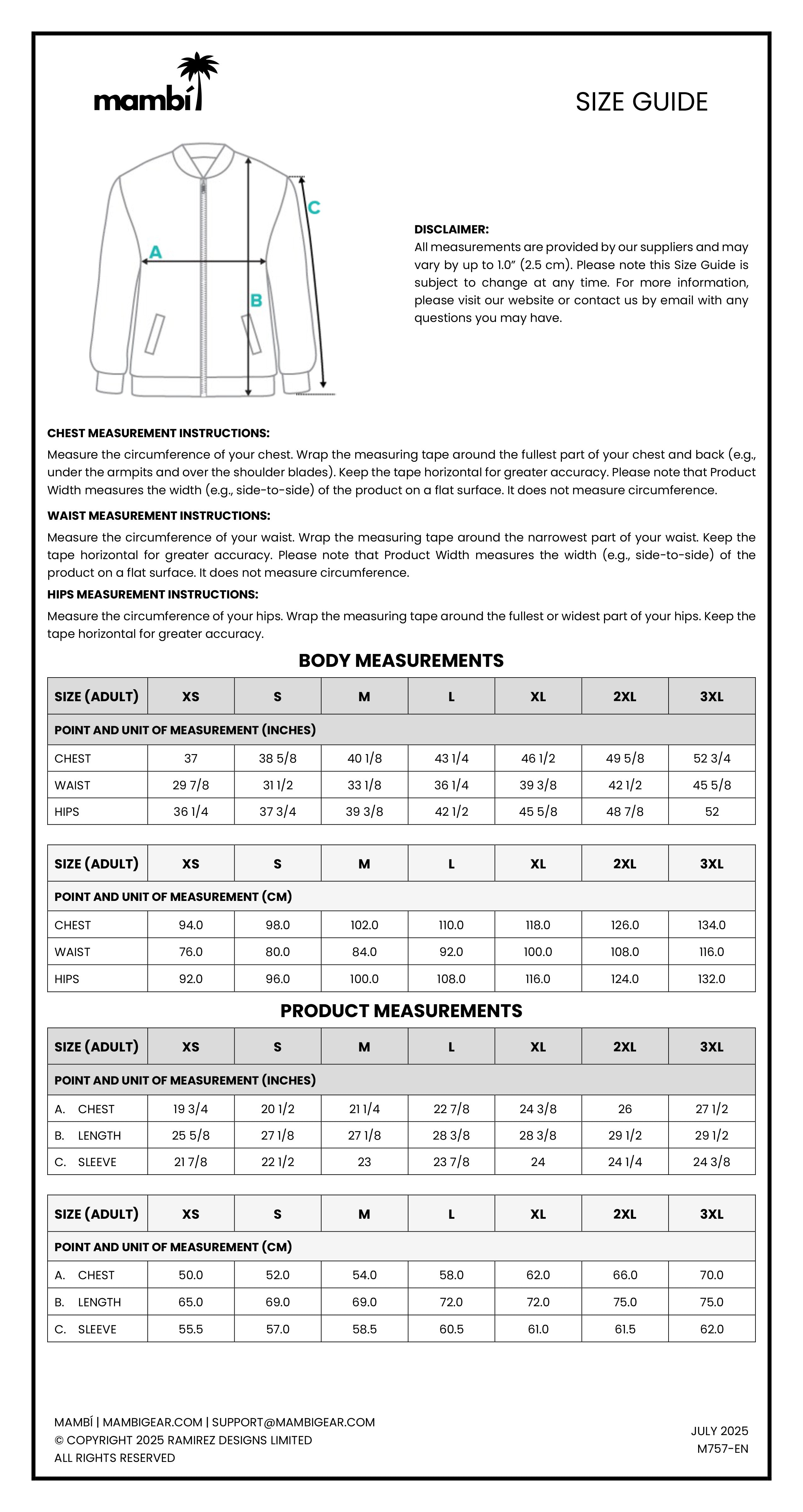 A detailed clothing size guide chart for mambi, including a jacket diagram labeled for chest, waist, and hip measurements, measurement instructions, and adult and kids’ size tables in centimeters and inches.
