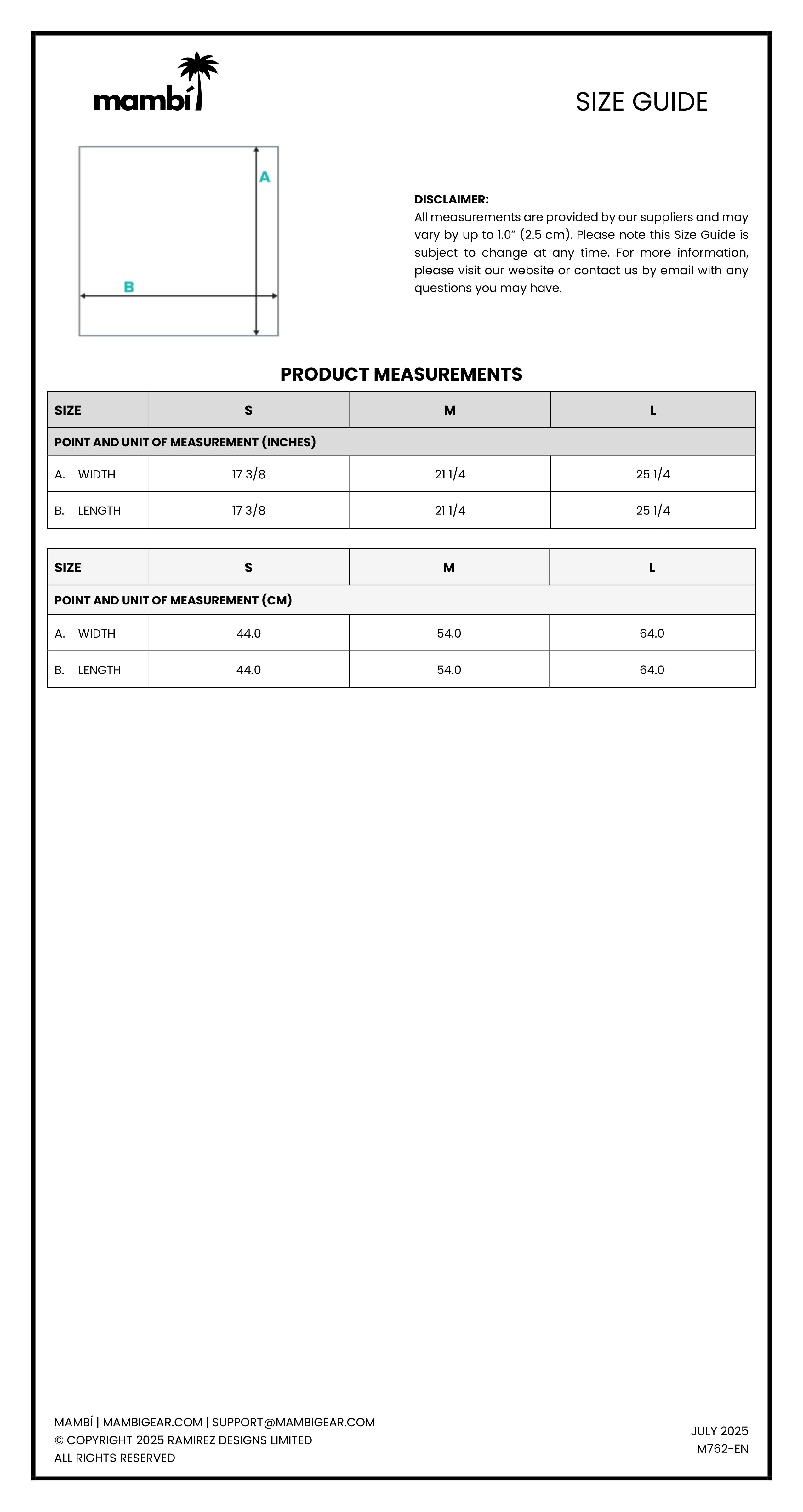 A size guide chart for a clothing brand showing width and length measurements for sizes S, M, and L in both inches and centimeters. Includes a small diagram, disclaimer, and contact information at the bottom.