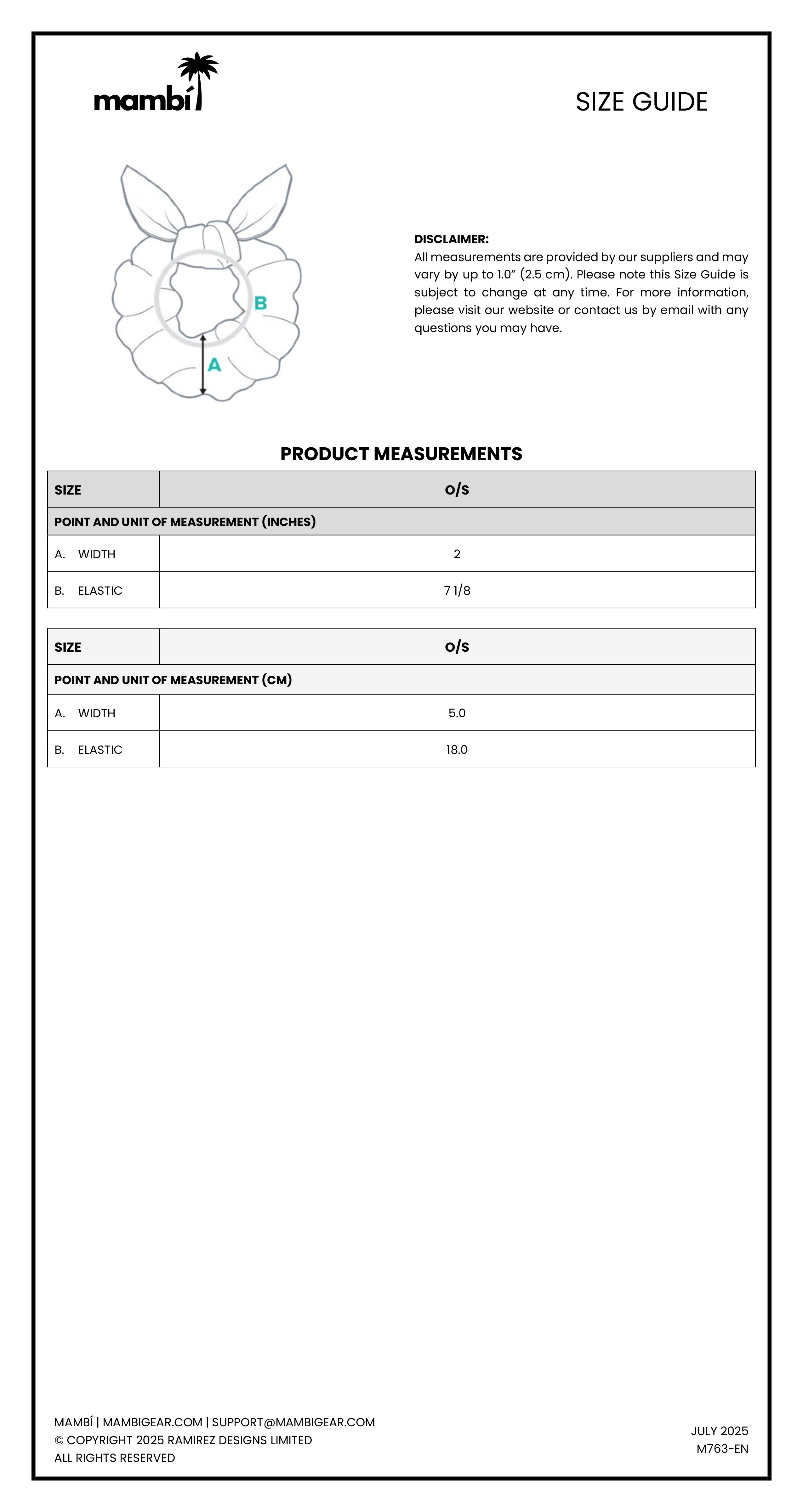 A size guide chart with a black-and-white flower illustration labeled A and B, followed by measurement tables for width and elastic in both inches and centimeters, and mambi contact info at the bottom.