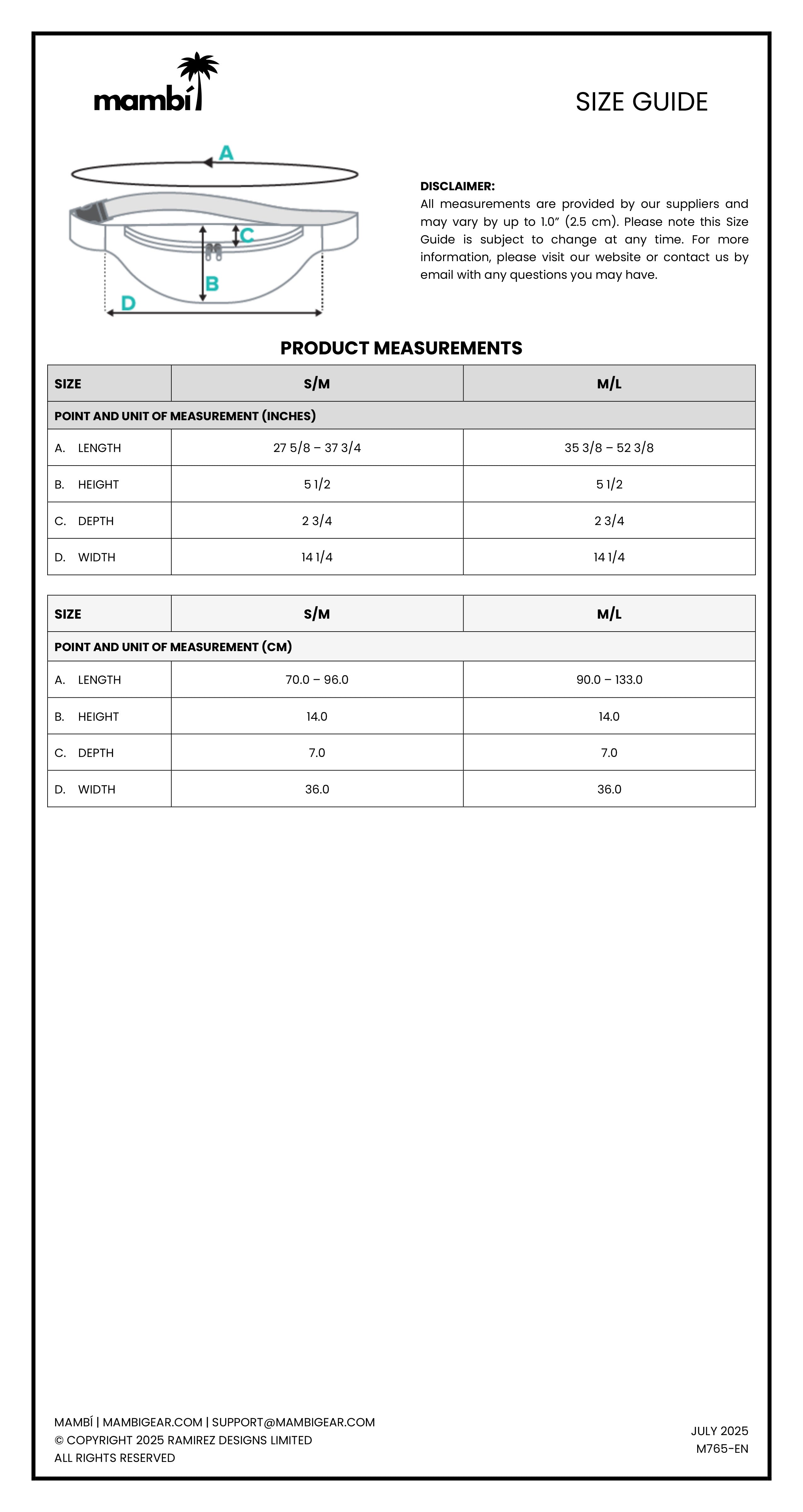 A size guide table for a round pool by mambi, showing product measurements in inches and centimeters for sizes S/M and M/L. Includes categories: length, height, and width, and a disclaimer at the top.