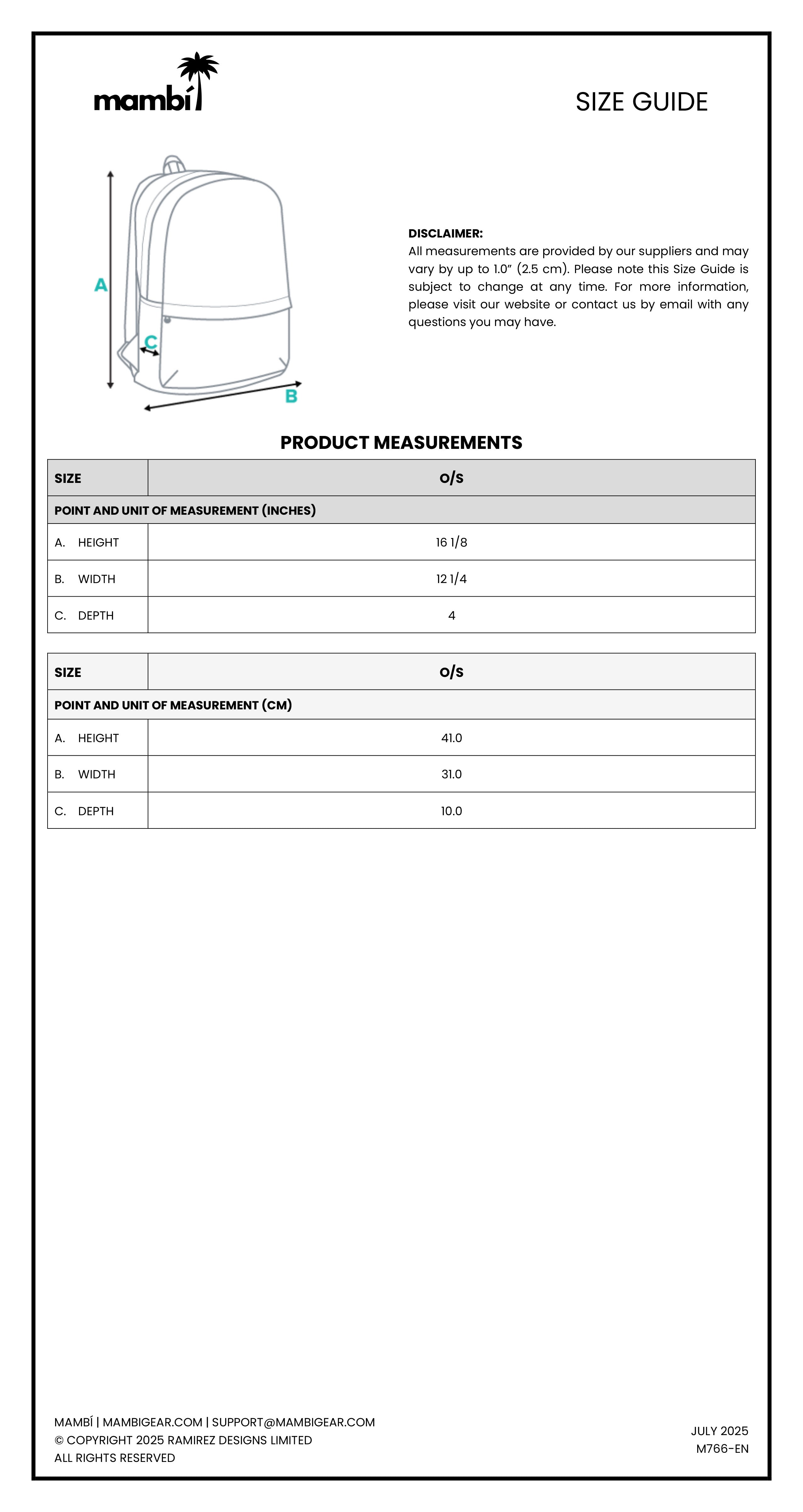 A size guide for a Mambi backpack with a line drawing of the backpack showing height, width, and depth. The chart lists measurements in inches and centimeters for each dimension. Disclaimers and contact info included.