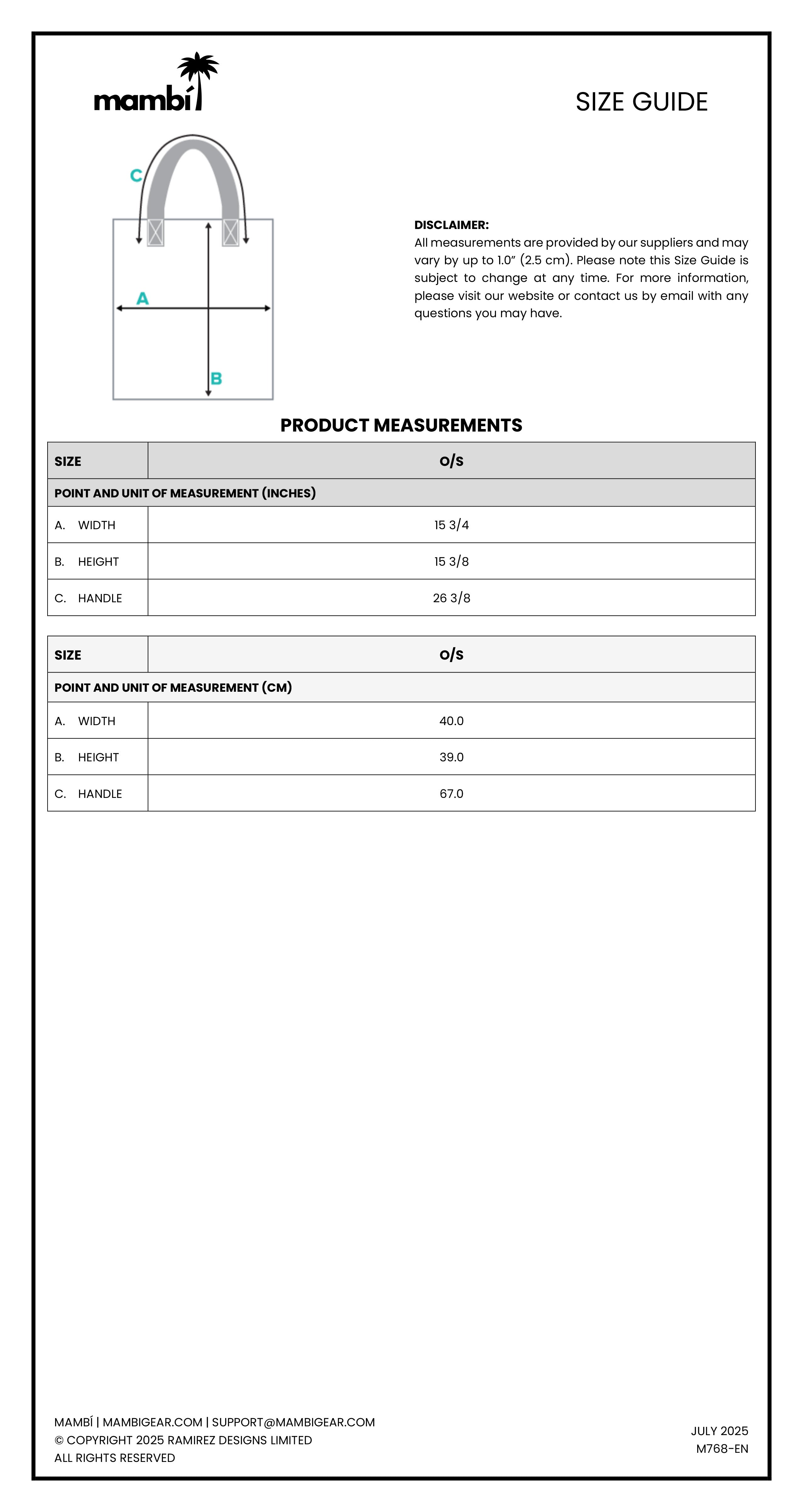 A size guide chart for a mambi bag shows a diagram with labeled measurements for width, height, and handle length. The chart lists dimensions in both inches and centimeters. Contact and disclaimer info are at the bottom.