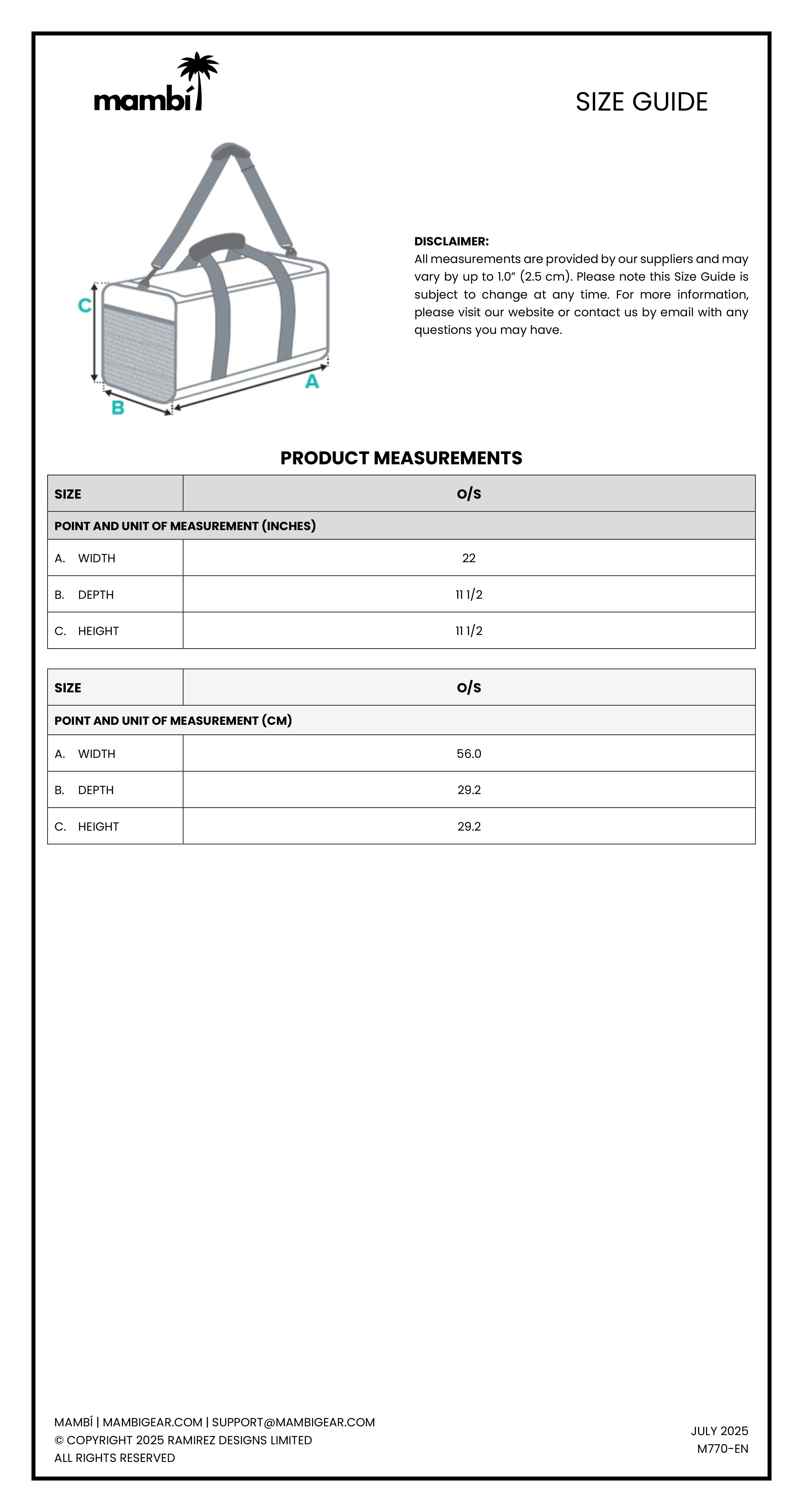 A size guide for a rectangular bag with a shoulder strap, showing labeled dimensions (width, depth, height) and a table listing the bag’s measurements in inches and centimeters. Includes a disclaimer and contact details at the bottom.