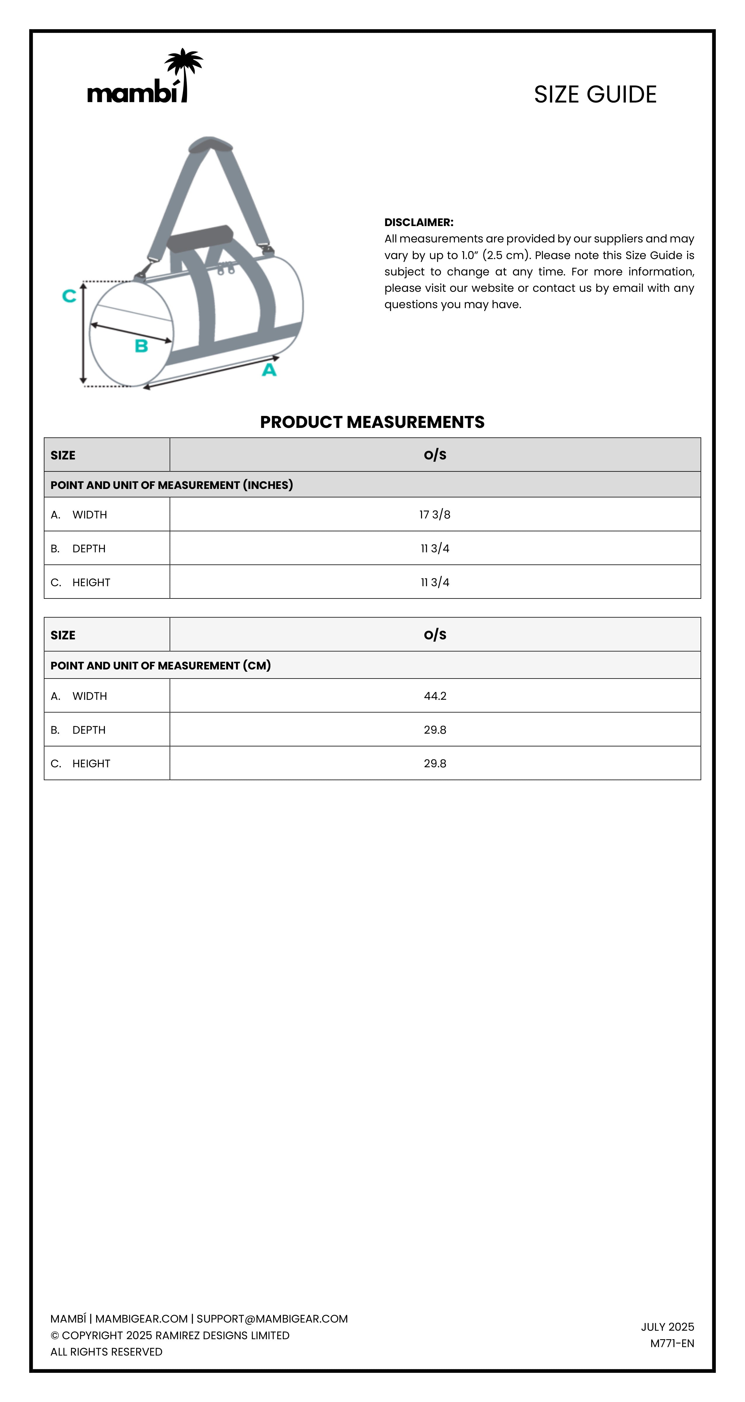 A size guide for a duffel bag with a simple bag illustration and measurements in inches and centimeters for width, depth, and height. Table lists width 17 3/4 in (44.9 cm), depth 8 3/4 in (22.3 cm), height 9 in (22.8 cm).