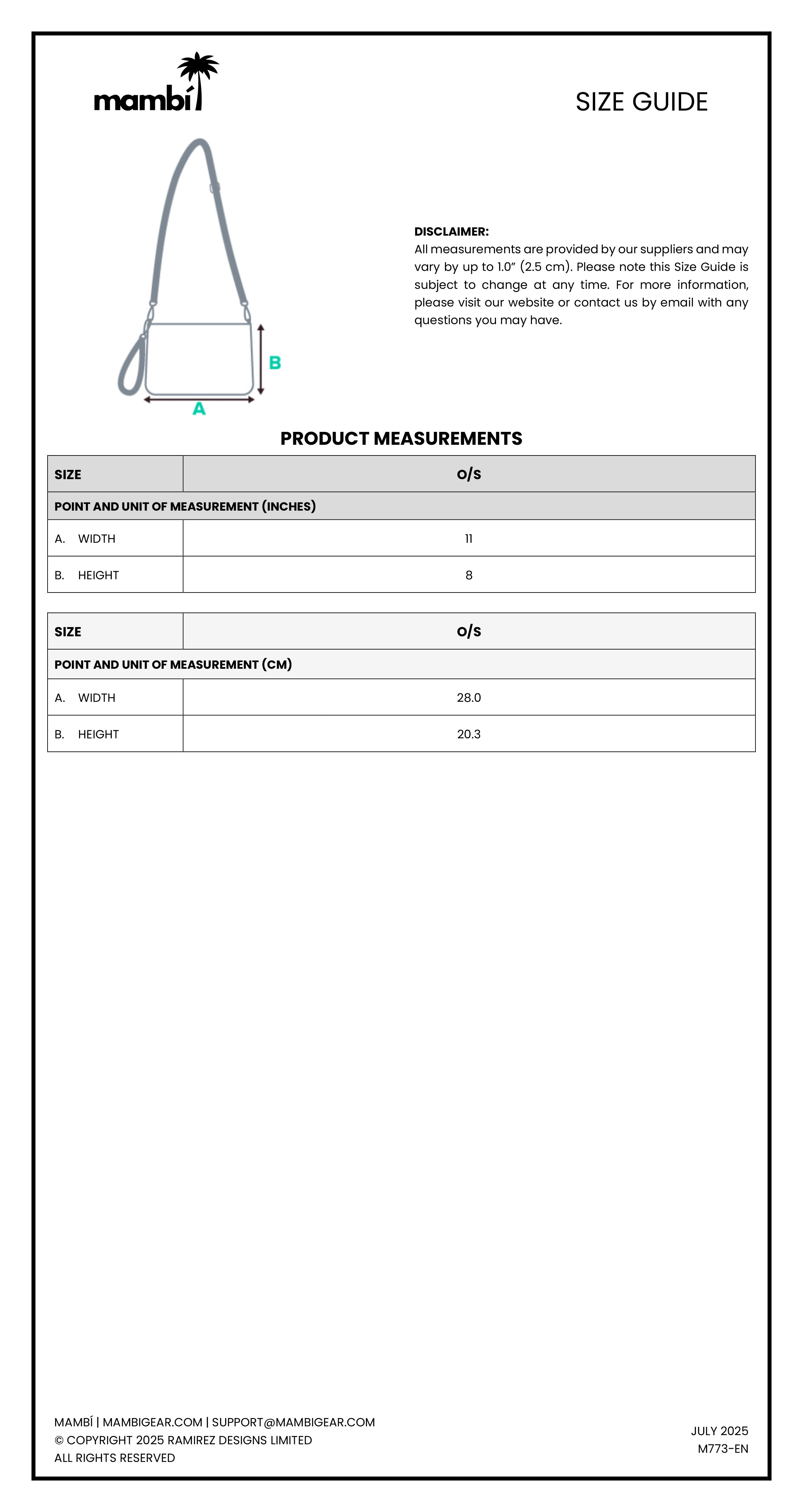 Size guide for a Mambi bag showing a labeled diagram and a table of width and height in inches and centimeters; width: 11 in (28 cm), height: 8 in (20.3 cm).