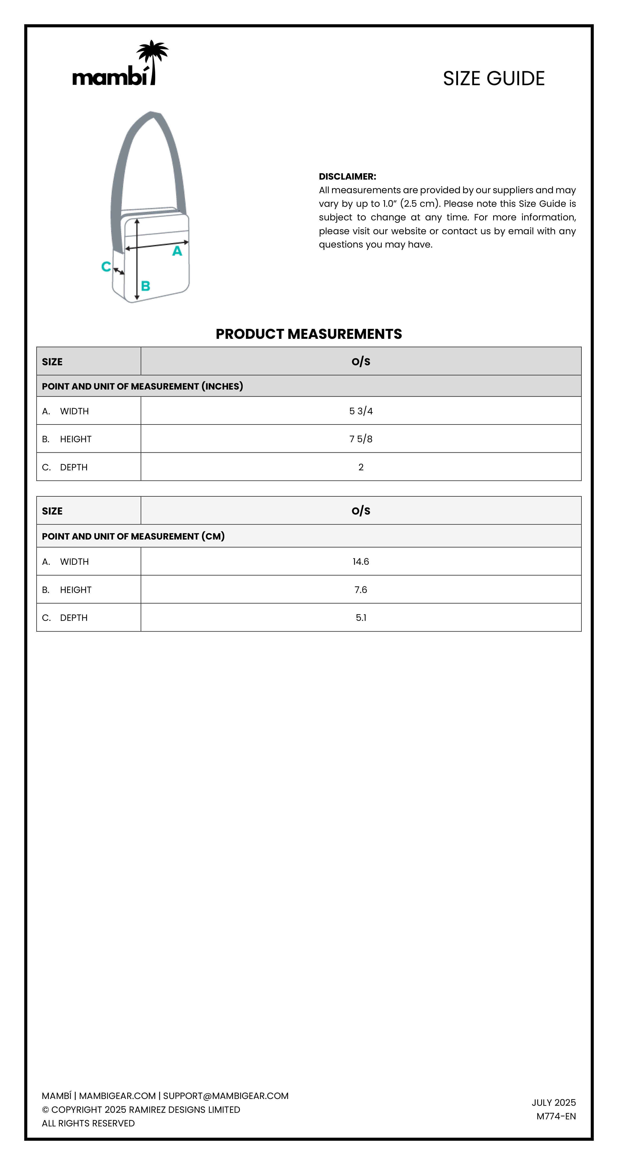 A size guide for a crossbody bag showing dimensions in inches and centimeters, with a bag illustration at the top left. Contains measurements for width, height, and depth, plus a disclaimer and contact details at the bottom.