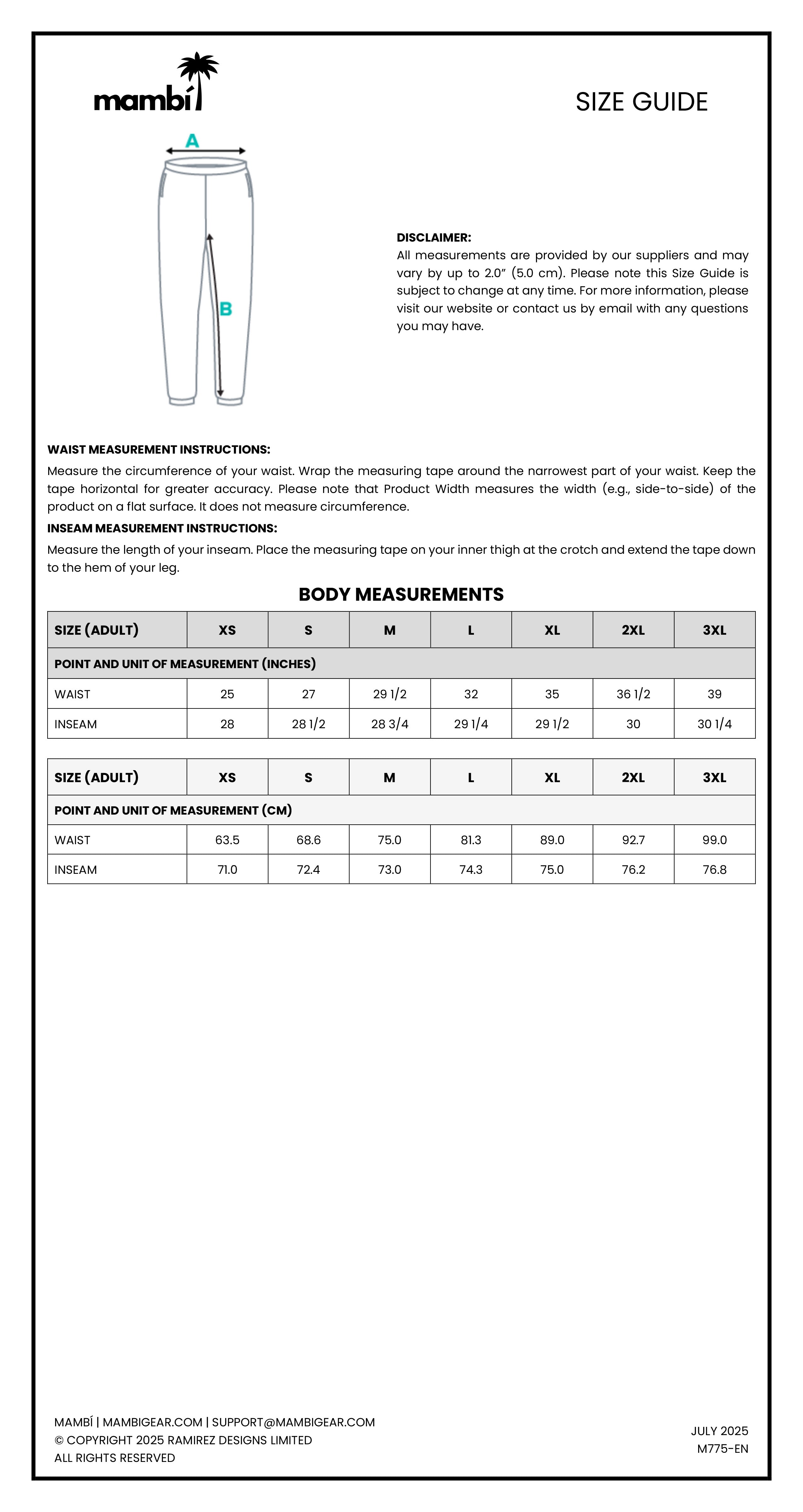A size guide for Mambi pants includes an illustration showing how to measure the waist and inseam, waist measurement instructions, and charts listing waist and inseam measurements for adult sizes XS to 4XL.