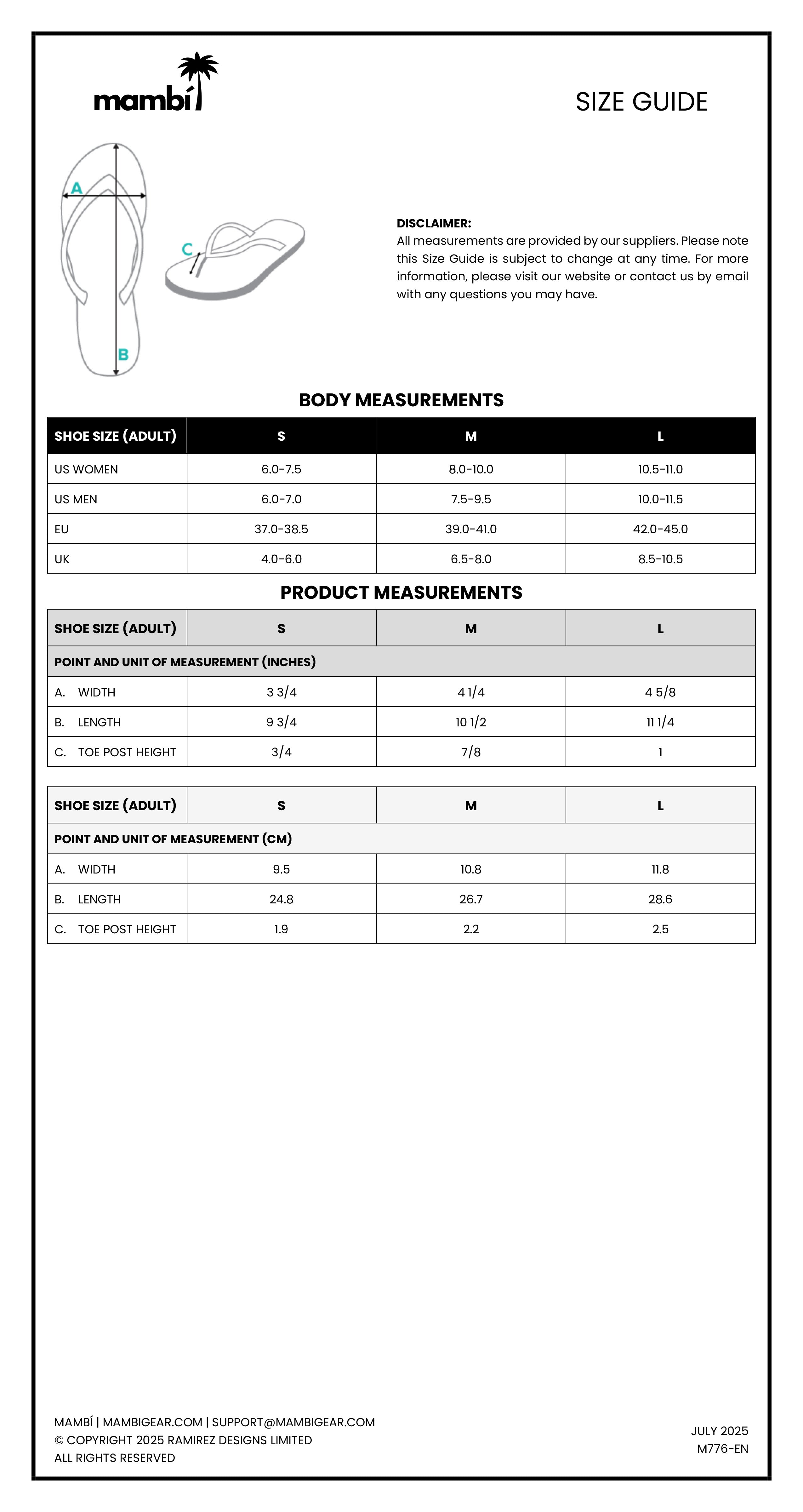 Mambi size guide chart for footwear, showing body and product measurements for US men’s and women’s sizes S, M, L. Includes foot length, width, and toe post height, with a drawing of a sandal at the top left.