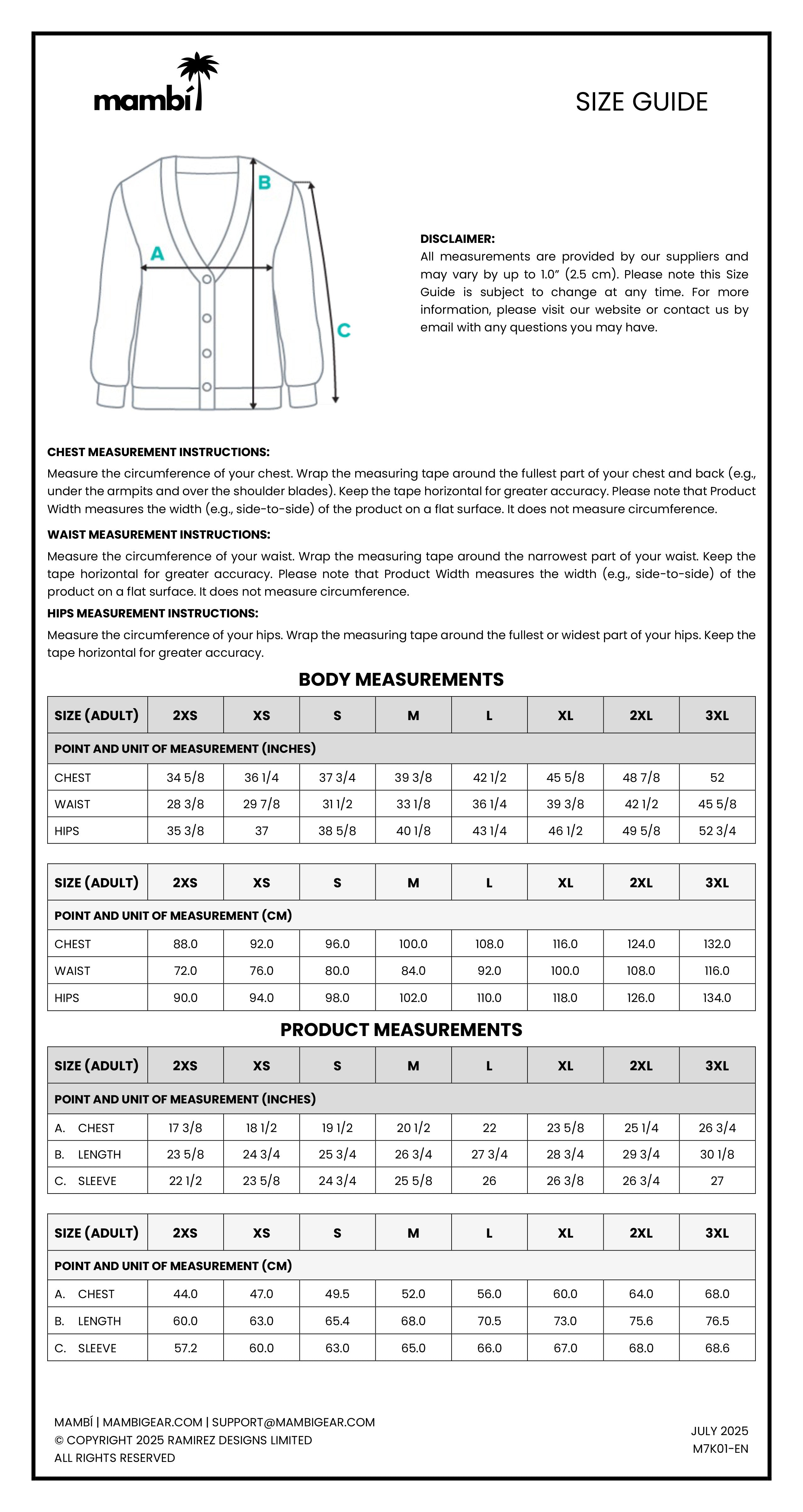 A size guide chart for mambi clothing, showing illustrated measurement points (chest, waist, hip) on a cardigan, with size tables for adults and kids, measurement instructions, and contact information at the bottom.